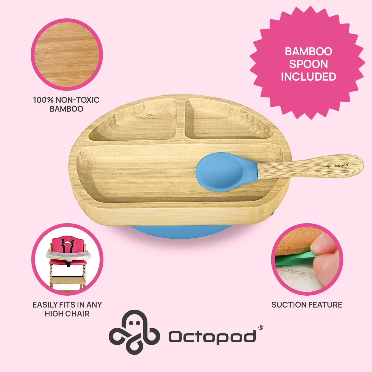 Abiie Octopod Bamboo Dish - Kids Plates for 4 months and up, 3-Compartment Baby Plates with Suction, Triangle Bamboo Baby Plate, Mess-Free Toddler Suction Plates, Baby Feeding Supplies, 8.3x1.9x7.7 in