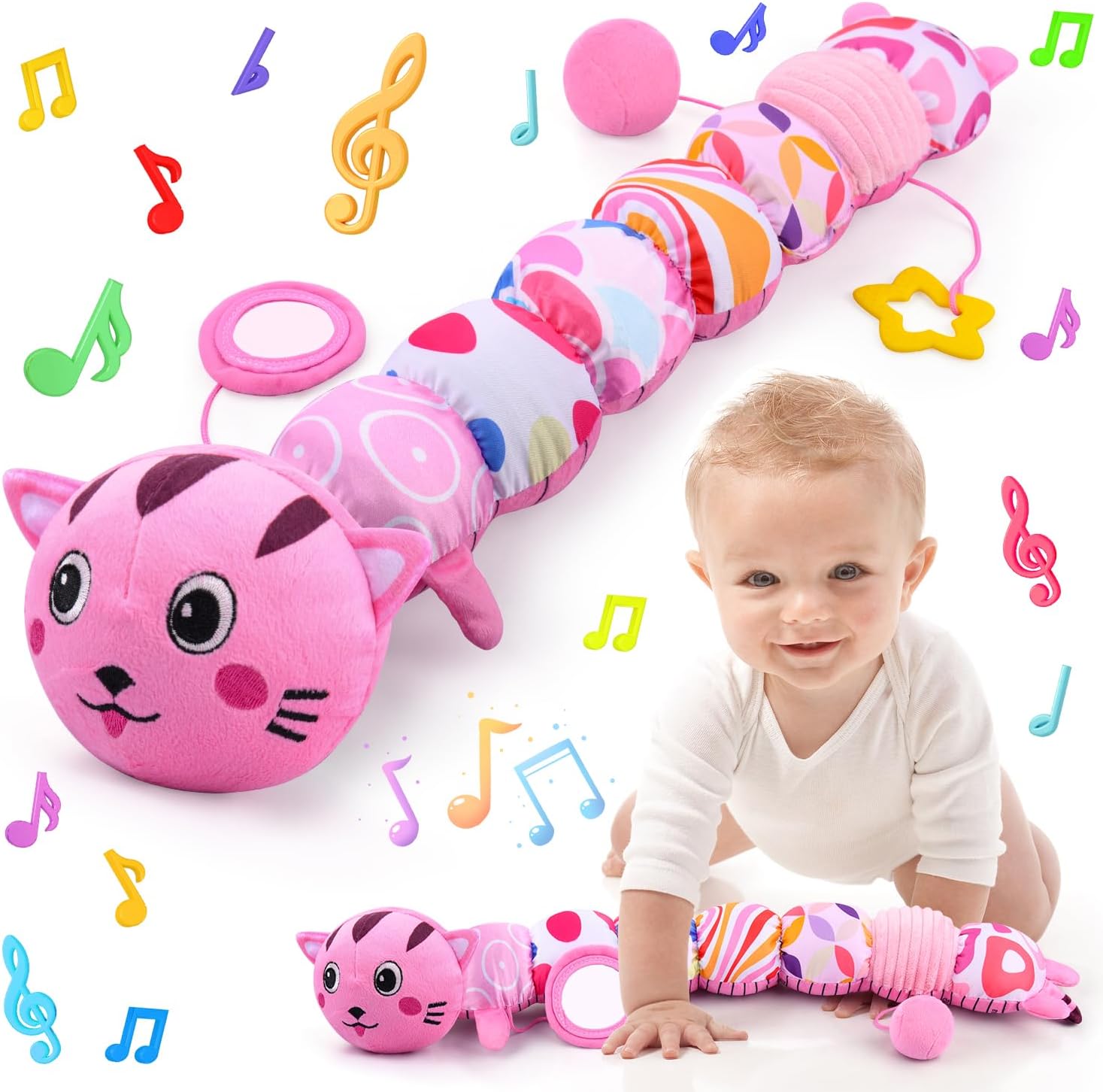 Baby Toys 0 to 12 Months, Stuffed Animal Infant Tummy Time Toys Sensory Toys with Crinkle Rattles Textures and Mirror Gifts for Newborn Boys Girls, Cat Caterpillar Musical Toys (Pink)
