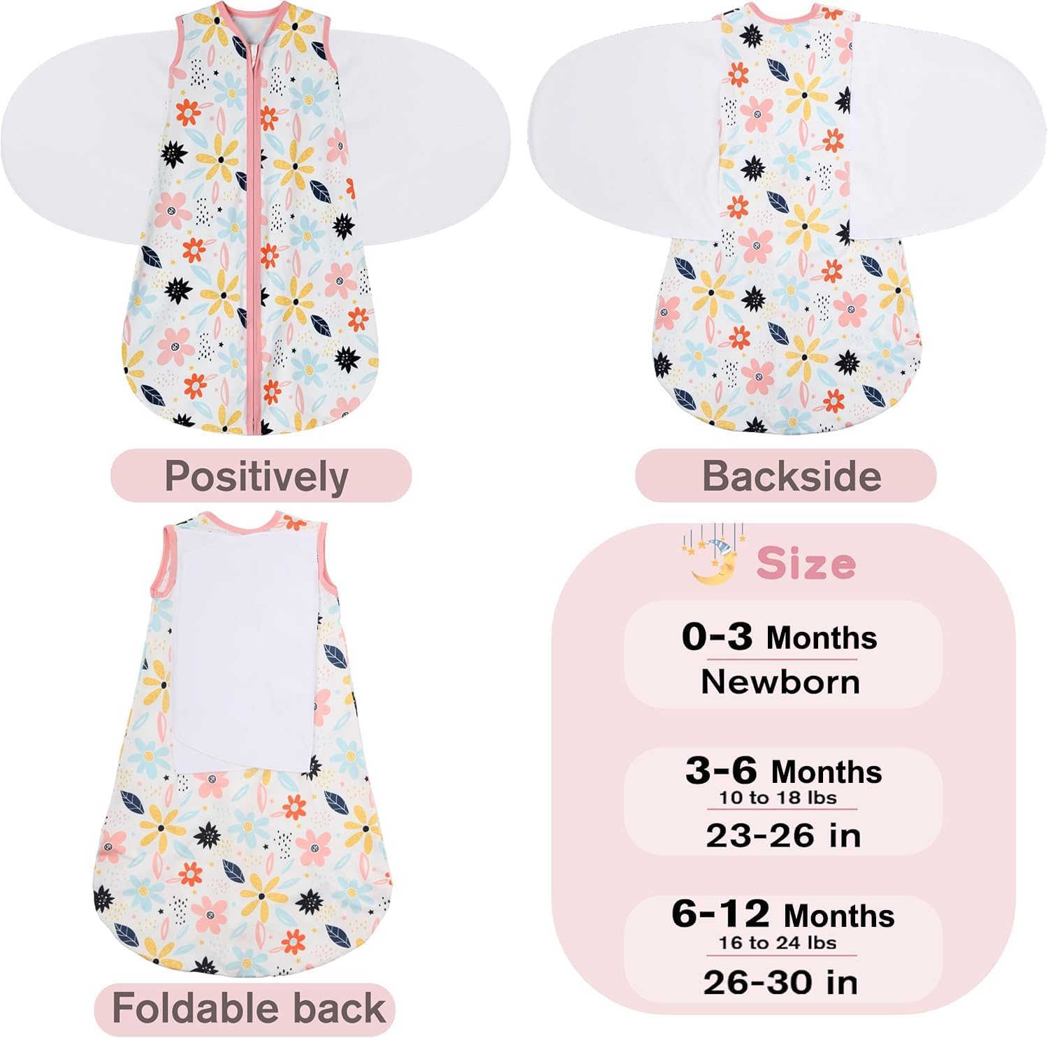 Newborn Sleep Sack Baby Swaddle,0-3 Months,3-Way Adjustable Wearable Blanket,100% Rayon Cotton Swaddling Sleeping Bag，TOG 0.5（Heart&Floral）