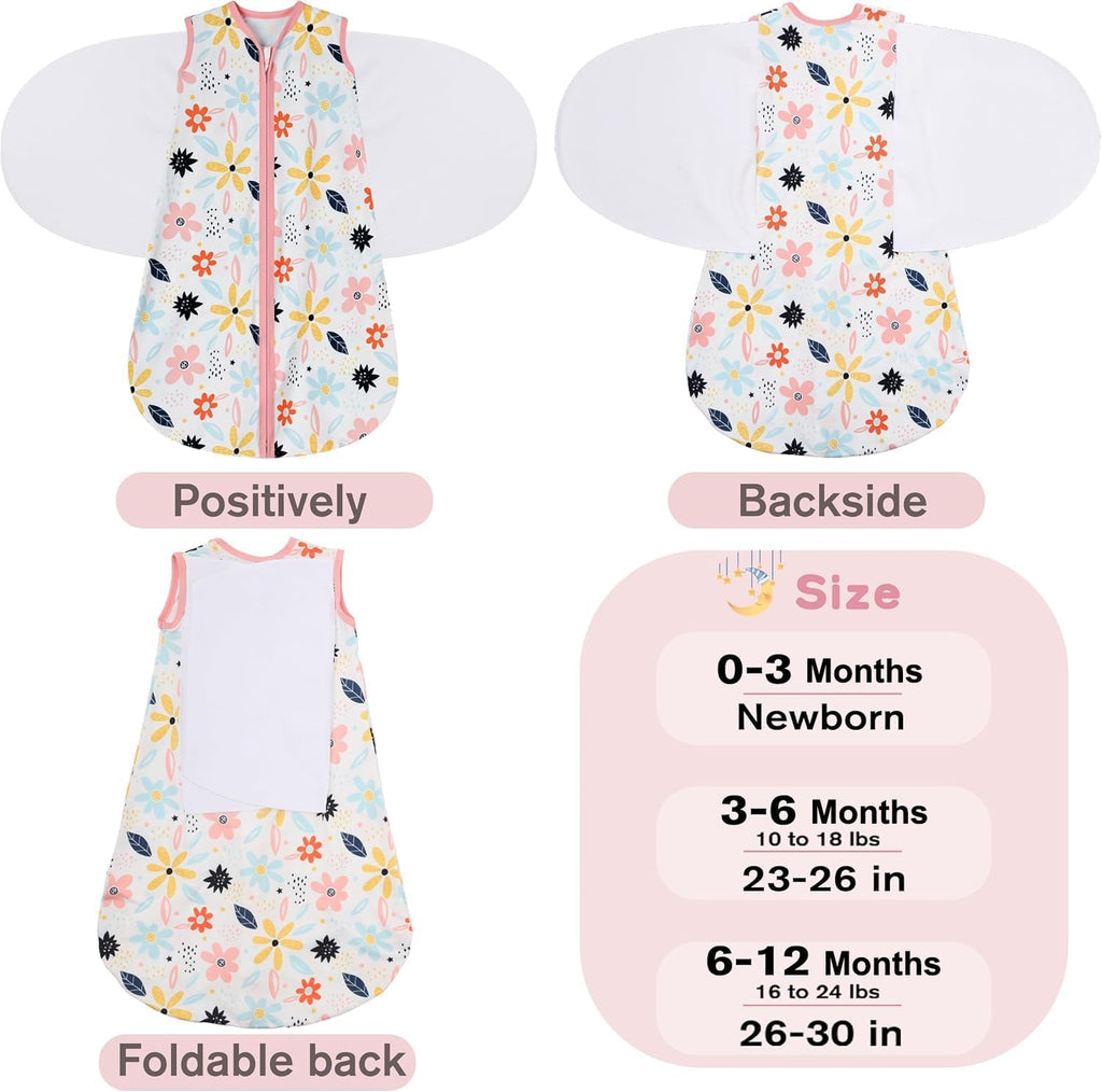 Newborn Sleep Sack Baby Swaddle,3-6 Months,3-Way Adjustable Wearable Blanket,100% Rayon Cotton Swaddling Sleeping Bag，TOG 0.5（Heart&Floral）