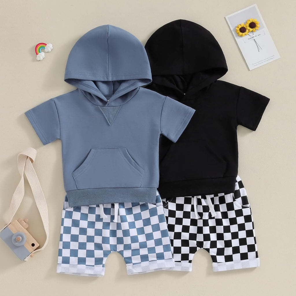 Toddler Baby Boy Summer Hooded Outfit Contrast Color Short Sleeve T Shirt Top Elastic Shorts Summer Clothes Set