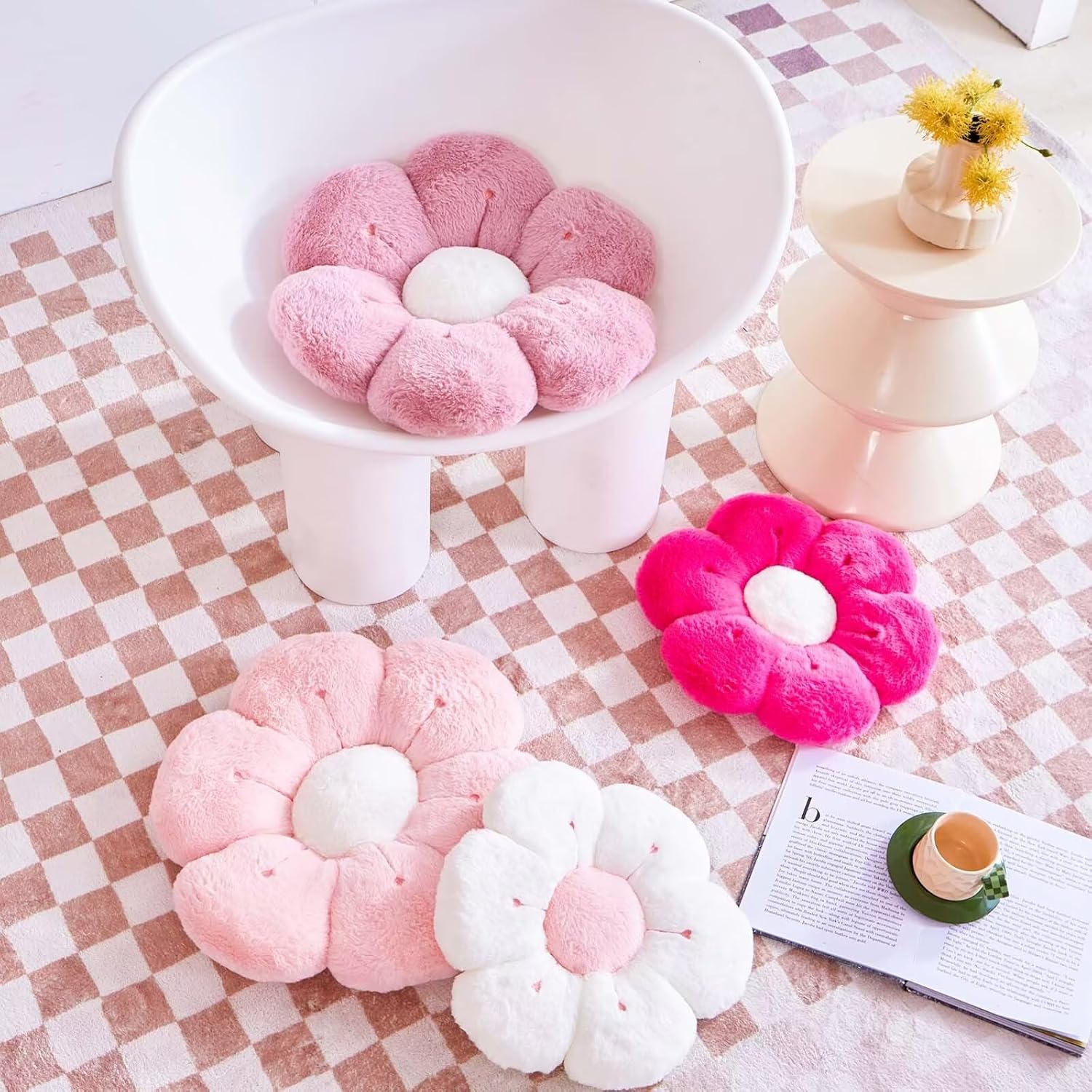 Flower Pillow, Cute Flower Shaped Decorative Pillow, Soft Rabbit Fur Daisy Pillow Home Decor Floor Seating Cushion for Bedroom Living Room (Dusty Pink 19.6 Inch)