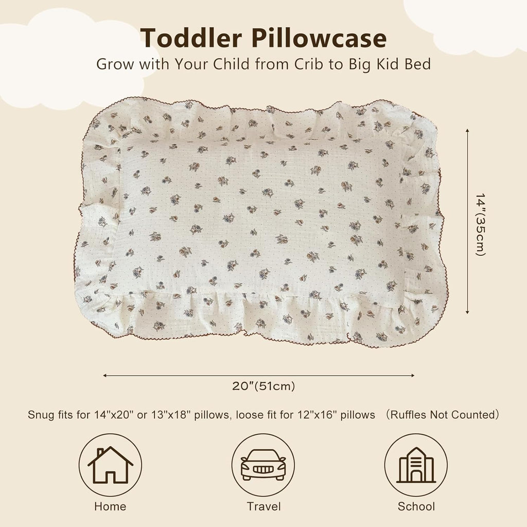 BuLuTu Crib Size Toddler Pillowcase 1 pc, 14"x20", Oeko-TEX Certified 100% Cotton Gauze Pillow Cases for Girls Boys Sensitive Skin, Pansy Floral Print with Dots Pillow Cover, Soft Breathable