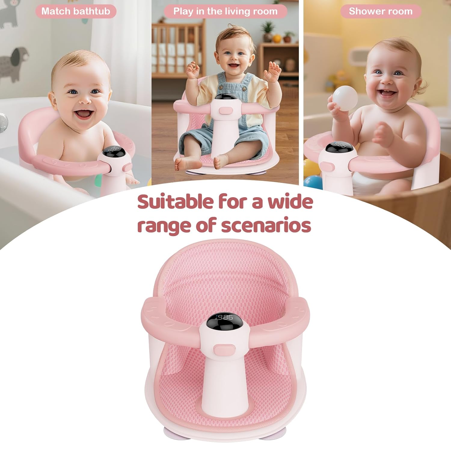Baby Bath Seat-for Babies 6 Months & up, Water Temperature Display+Soft Cushion, Non-Slip Toddler Bath Seat for Baby, Sit Up Bath Seat for Baby, Pink