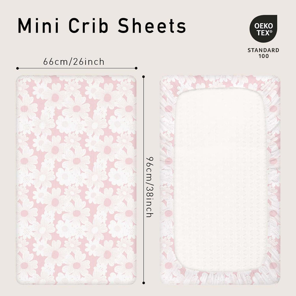 Gllquen Baby Muslin Mini Crib Sheets 3 Pack, Breathable Pack and Play Sheets Fitted Soft Cozy Cotton Pack N Play Sheets for Baby Boy Girls, Universal Fitted Mini Crib Mattresses 38"x26" (Pink)