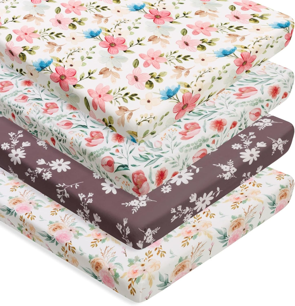 4 Pack Baby Girl Pack N Play Mini Crib Sheets Set Soft Fitted Floral Theme Baby Girl Mattress Covers Breathable Toddler Bed Sheets for Infant or Newborn(Flower, Pack N Play Mini Crib Sheets)