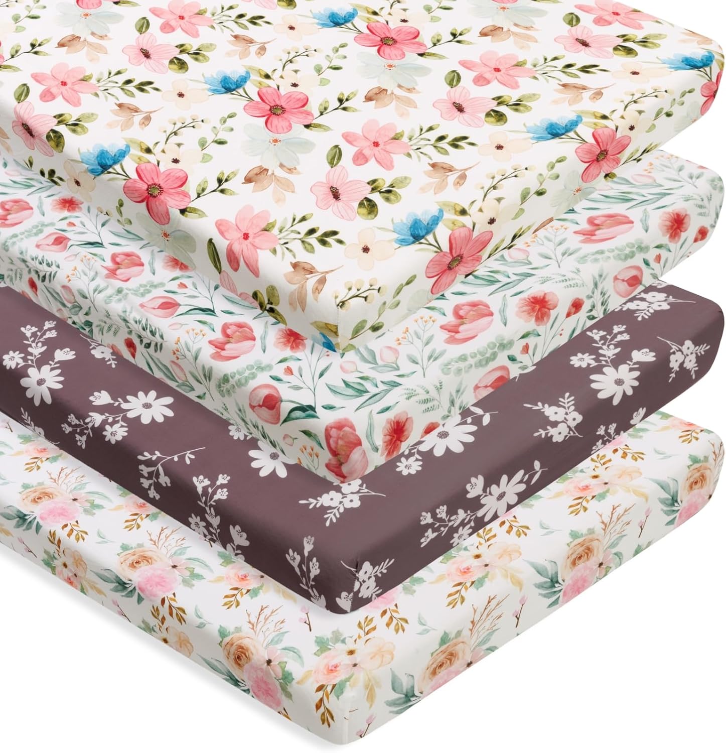 4 Pack Baby Girl Pack N Play Mini Crib Sheets Set Soft Fitted Floral Theme Baby Girl Mattress Covers Breathable Toddler Bed Sheets for Infant or Newborn(Flower, Pack N Play Mini Crib Sheets)