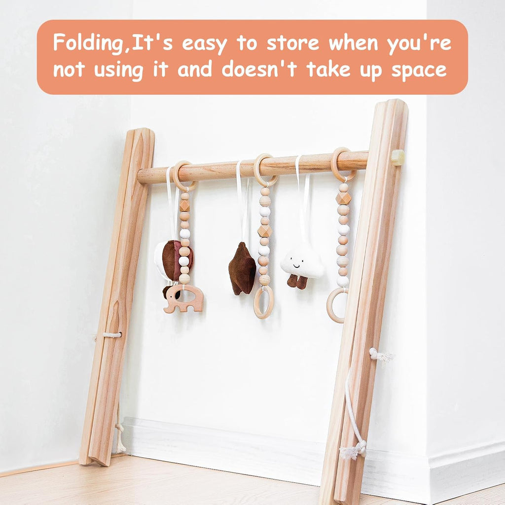 Razee Wooden Baby Play Gym Play Mat, Foldable Baby Gym with 6 Hanging Sensory Toys for Newborn Shower Gift