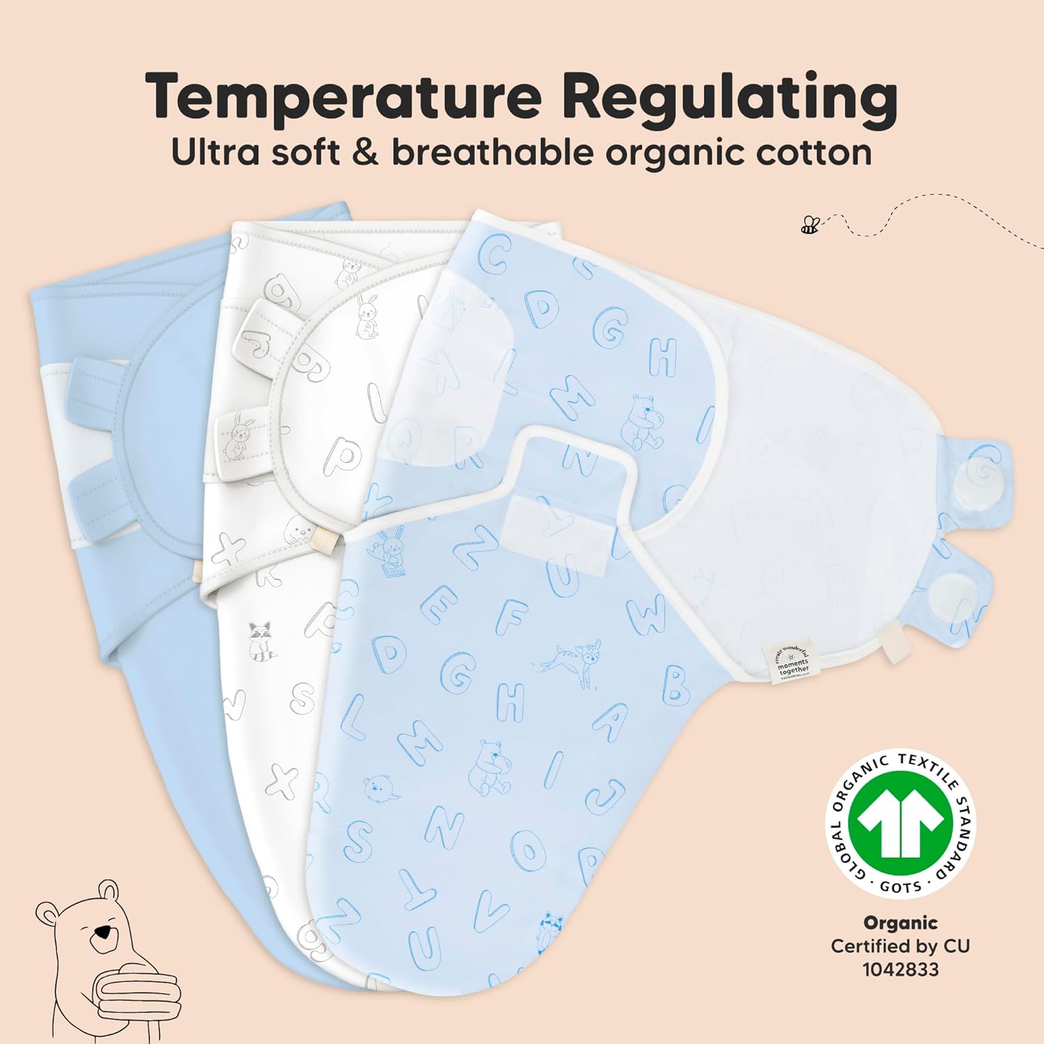 3-Pack Organic Baby Swaddle Sleep Sacks - Swaddles for Newborns, Infant 3-6 Months, Baby Girls, Boys, Soft & Snug Newborn Sleep Sack, Nursery Swaddling Blankets (ABC Land Cloud, Large)