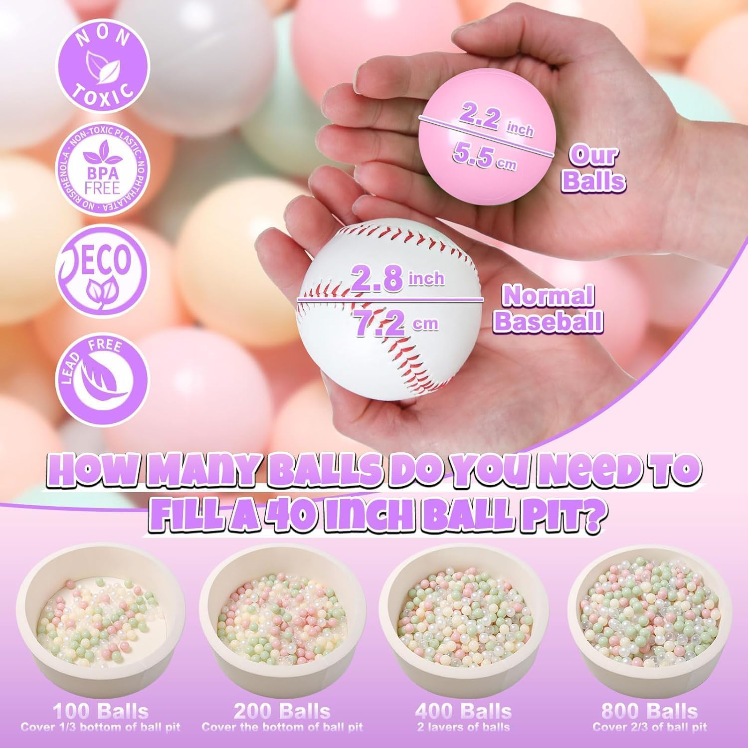 GOGOSO Balls for Ball Pit - Plastic Ball for Toddlers 1-3, Baby Kids Ball Pool Decoration 50 100 200 300 500 1000 (6 Colors, 50 Balls)