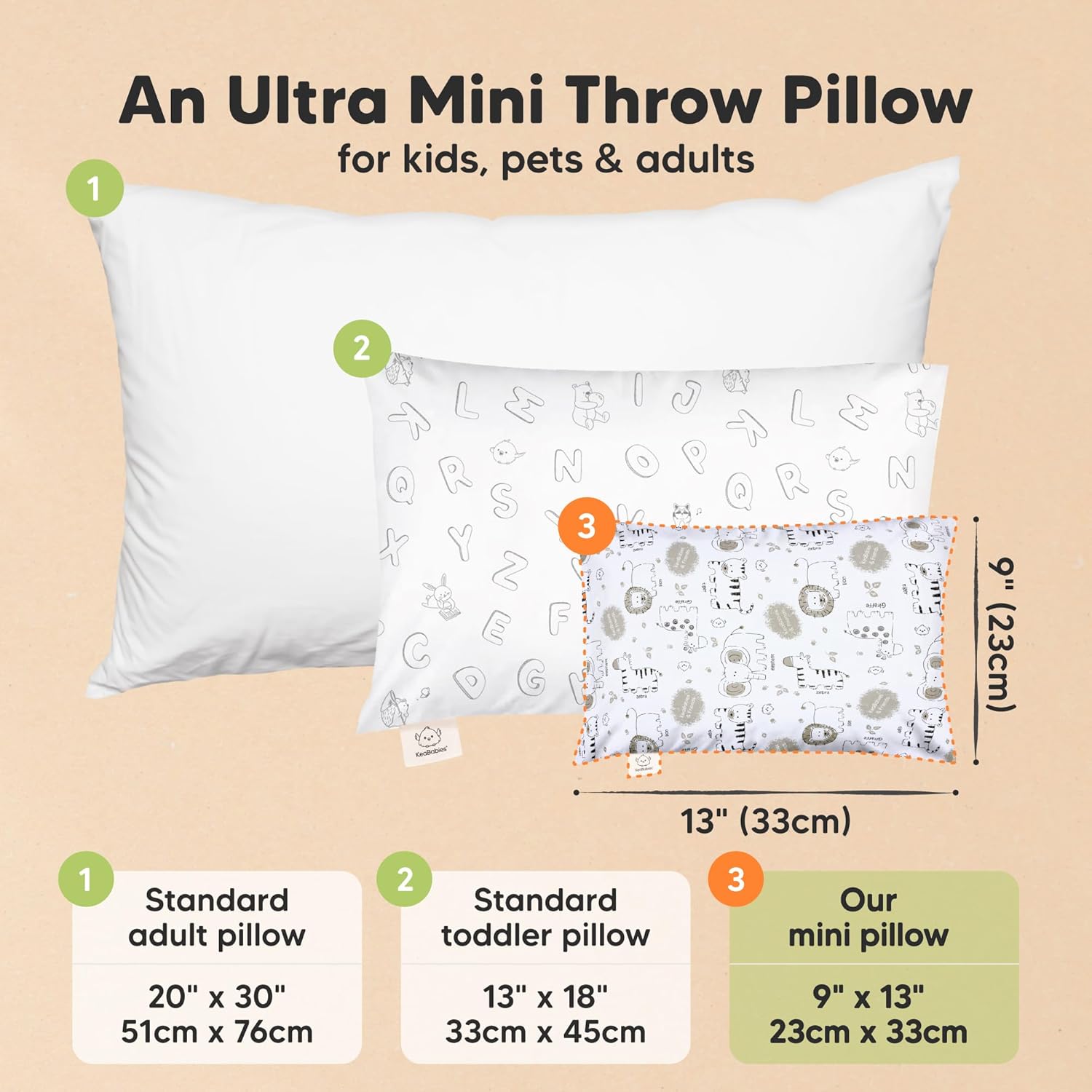 Mini Toddler Pillow with Pillowcase - 9x13 My Little Dreamy Travel Kids Pillow for Sleeping, Toddler Bed, Small, Tiny, Organic Cotton Pillowcase, Soft & Breathable, Kids 2-4 Years Old (KeaSafari)