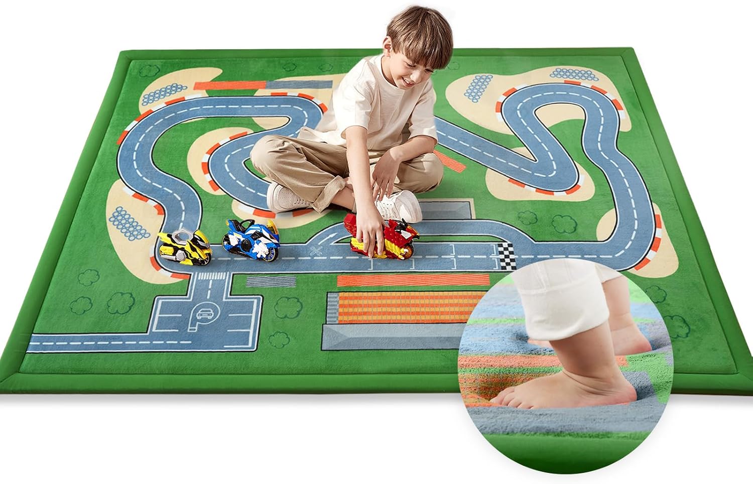 Kids Play Rug, 1.3" Thickened Knee Protection Playmat 39"×59" Car Mat for Track Racing Non-Slip Educational Activity Mat Toddler Rugs for Play Area