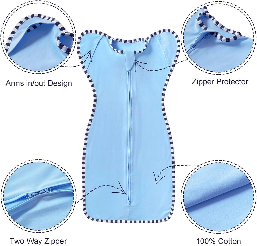 Transition Swaddle, 2 Pack 100% Cotton Baby Sleep Sack, 2-Way Zipper Infant Arm Up Swaddle for Newborn Baby Boys Girls (Khaki + Sky Blue, S(0-3 Months))