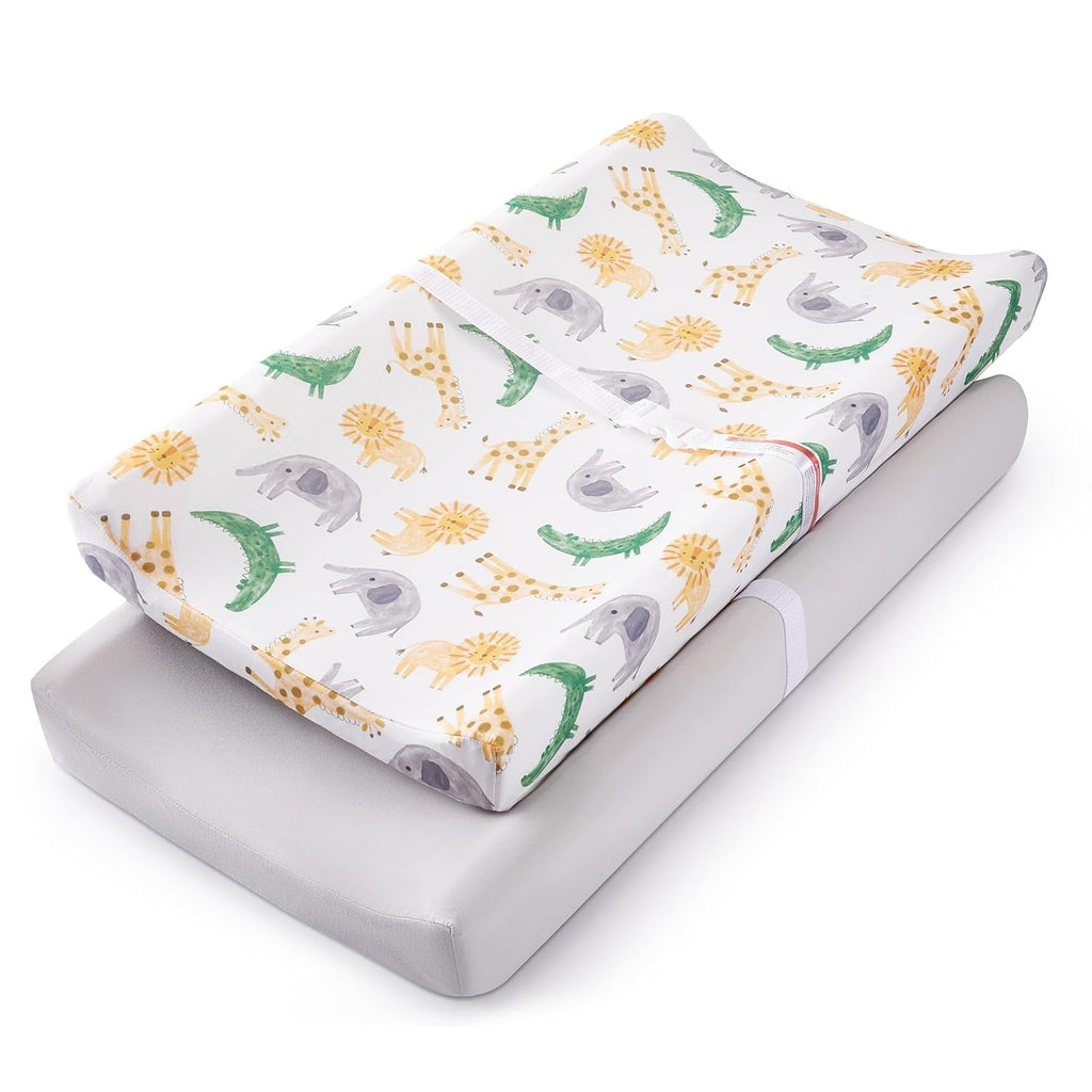 TILLYOU Baby Changing Pad Cover, Changing Table Cover for Girls Boys, Ultra Soft Breathable, 2 Pack African Steppe & Grey