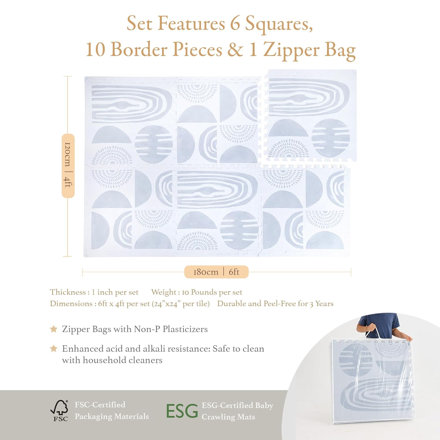 Super 1 Inch Thick Premium Quality Exercise & Baby Foam Play Mats - Expandable & Large Non-Toxic Odorless Floor Mat - 6 Tiles Spacious 6x4ft - Peel-Resistant - Foggy Gray