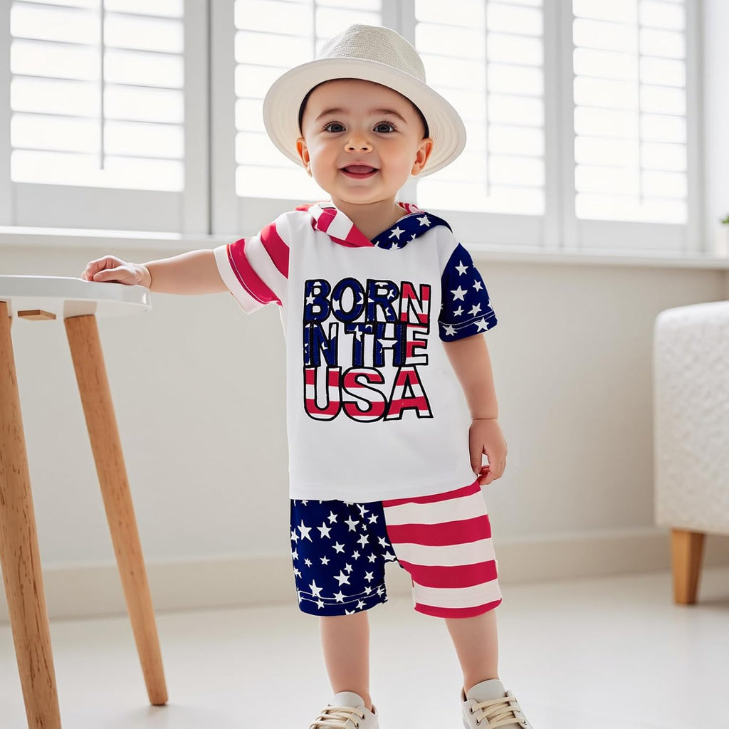 Toddler Baby Boy Summer Hooded Outfit Contrast Color Short Sleeve T Shirt Top Elastic Shorts Summer Clothes Set