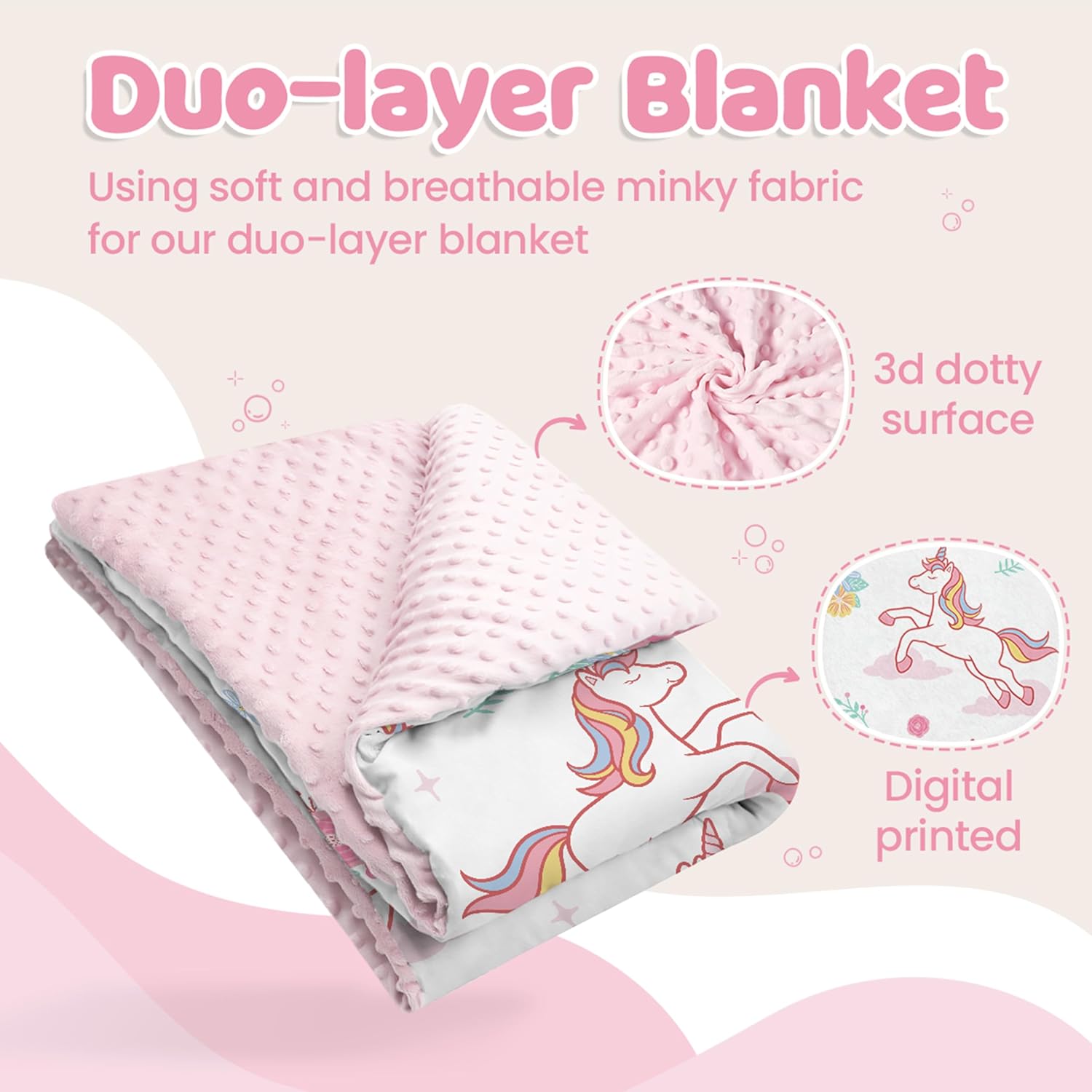 SANDJEST Unicorn Kid Blankets for Girls 30 x 40 - Throw Minky Blanket with Double Layer Dotted Backing - Gifts for Birthday