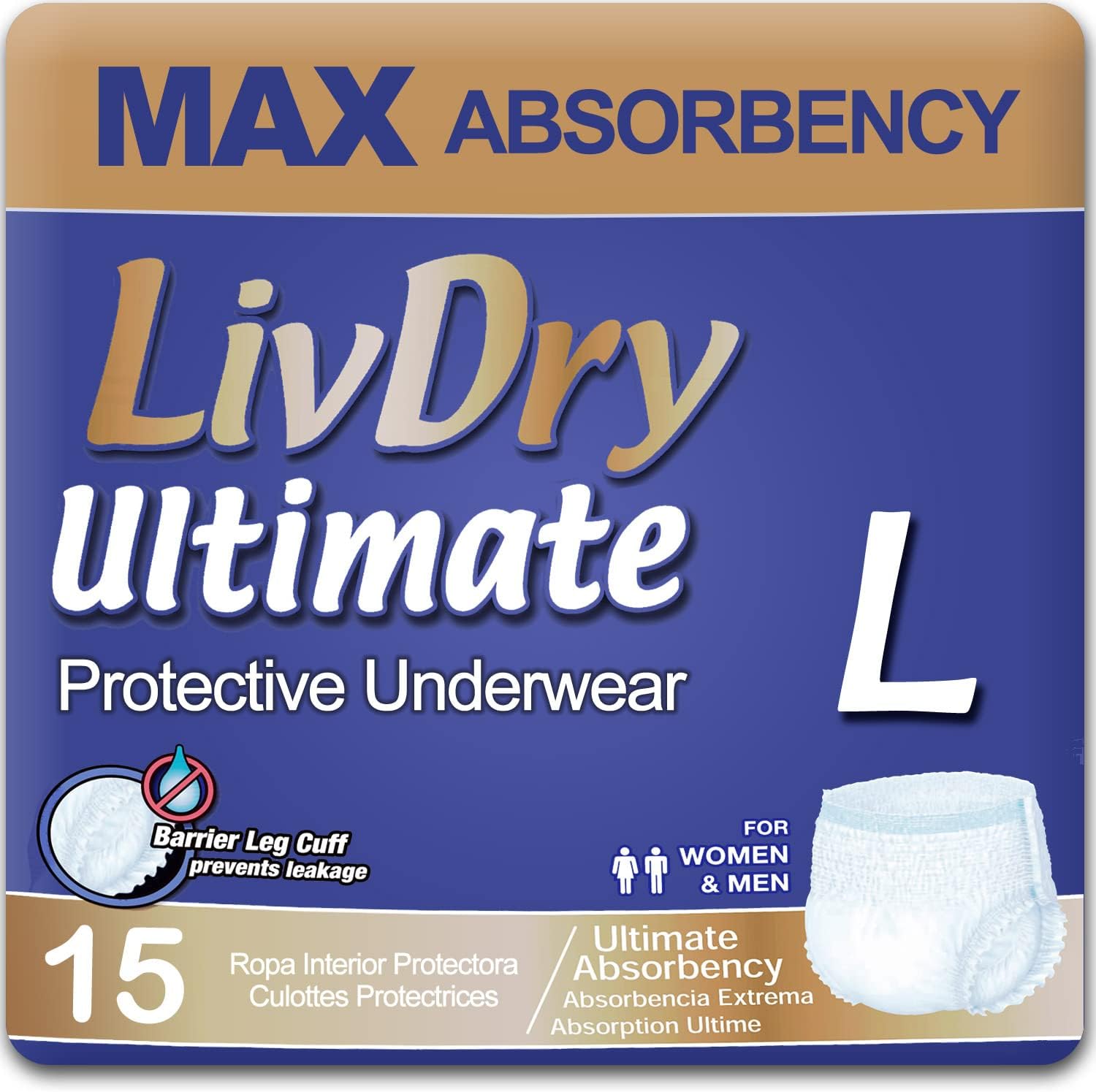 LivDry Large Ultimate Adult Incontinence Underwear, Max Absorbent Adult Diapers with Leak Protection, L, 15-Pack