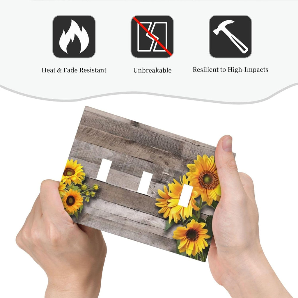 Sunflower Rustic Brown Gray Wood Decorative Switch Plates 3 Gang Wall Plate Triple Toggle Light Switch Cover Faceplate Electrical Wall Panels for Farmhouse Home Decor