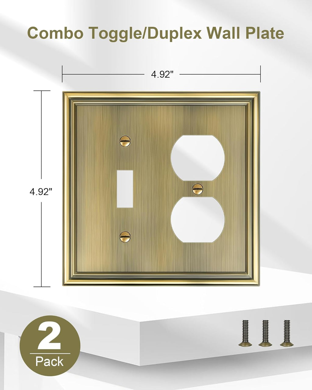 2-Pack Combo Toggle/Duplex Light Switch Cover Plate, Antique Brass Wall Outlet Cover Plate, Decorative Wall Receptacle Cover for Electrical Outlets, Light Switch, Durable Solid Zinc Alloy