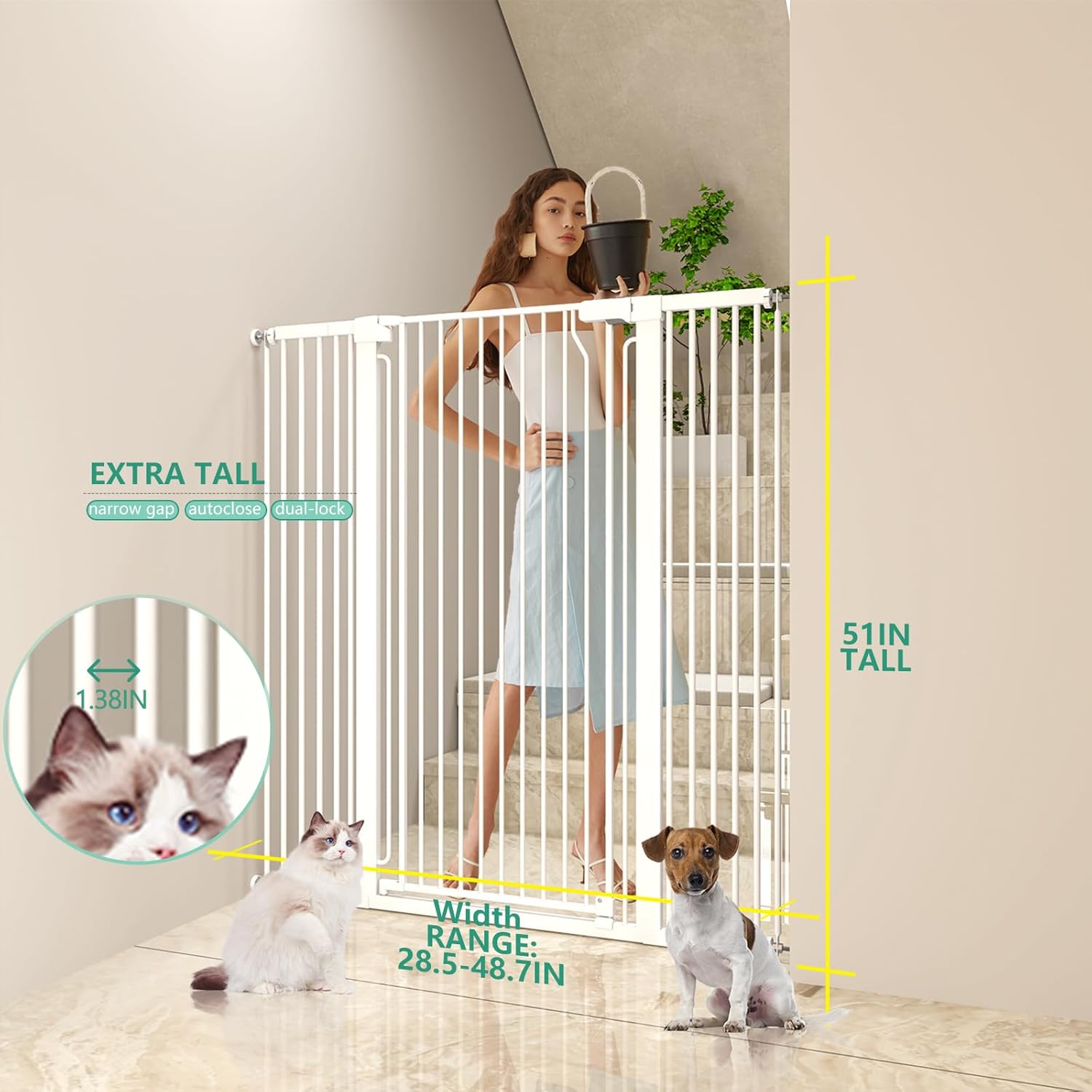 51" Extra Tall Cat Gate 28.5"-48.7" Wide, Auto Close, Pressure Mounted, for Cats & Small Dogs, Hallway, Stairs, Kitchen