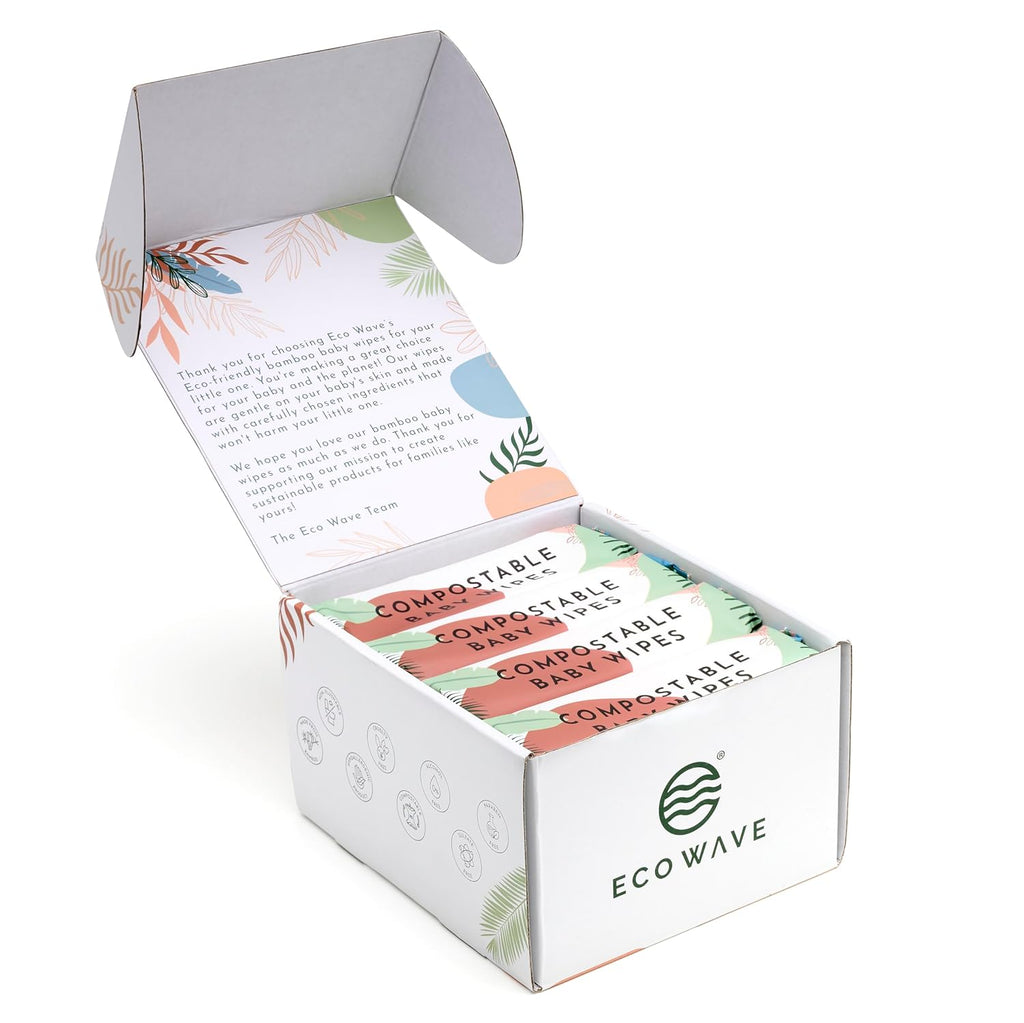 Eco Wave Baby Wipes, 100% Compostable Eco-Friendly Bamboo Wipes, Unscented, Hypoallergenic, Vegan, Alcohol-Free, Suitable For Sensitive Skin (Pack of 4)