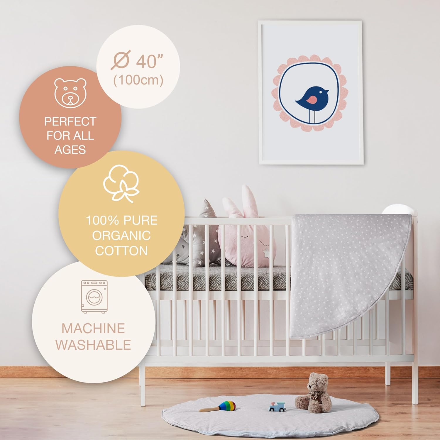 Byrd & Blume Round Baby Play Mat, Organic Cotton Soft Padded Nursery Floor Mat, Safe Hypoallergenic Baby Mat, Reversible, Foldable, Portable Infant Tummy Time Mat Fits Tents & Playpens (40"x40") Gray