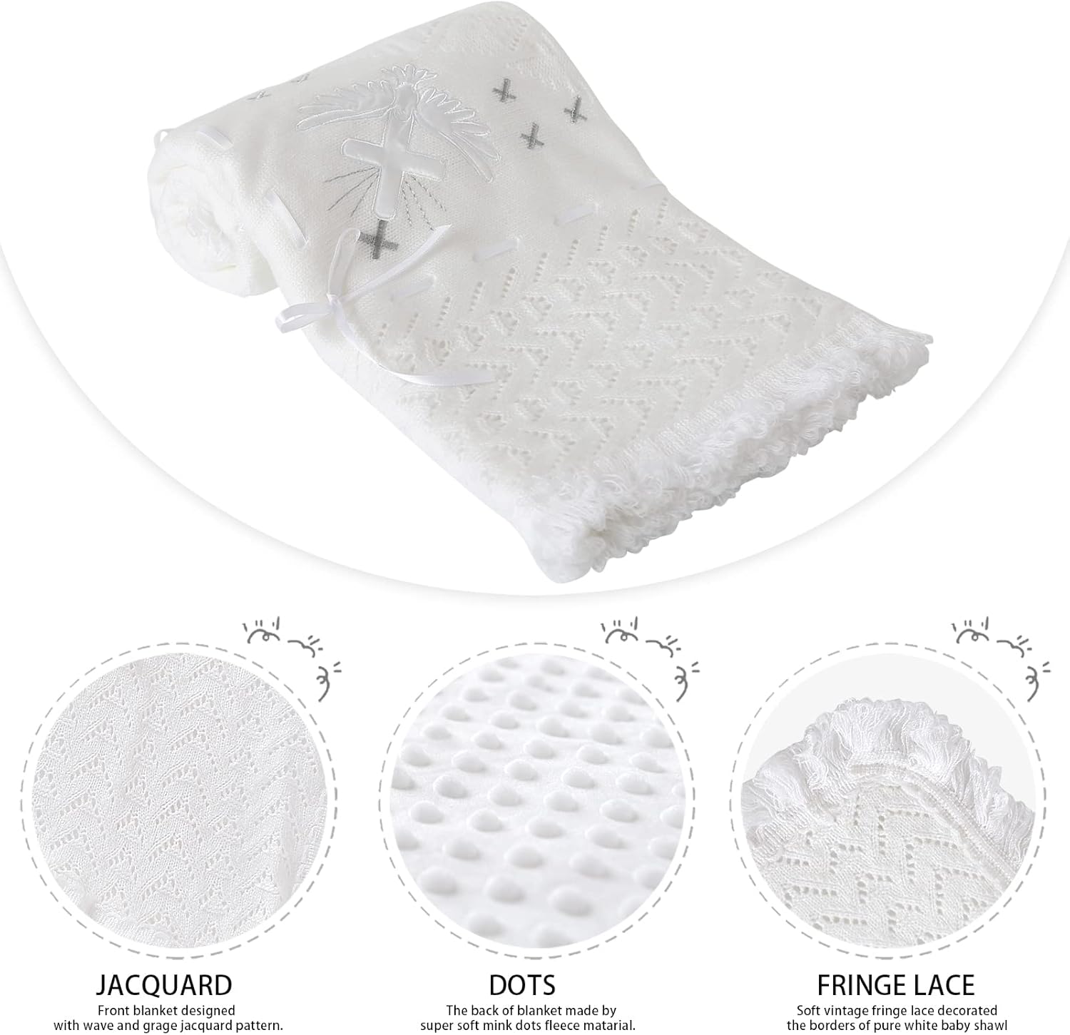 Booulfi Baby Christening Blanket Newborn White Baby Blanket Shawl Neutral Knitted Baptism Blankets for Babies Fleece Lined Winter Warm Blankets,Size 37x39 “