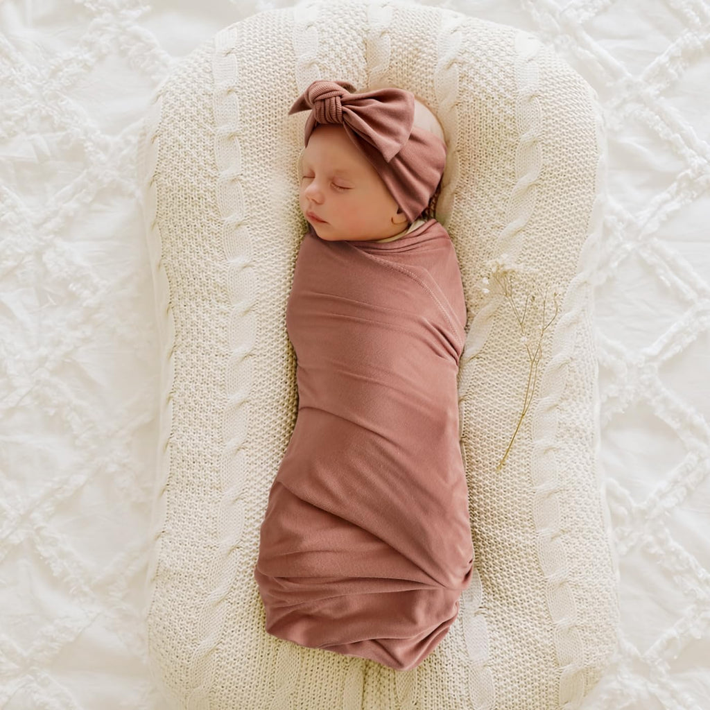 GRSSDER Newborn Swaddle Blanket, Ultra Soft Jersey Receiving Blanket with Matching Headband and Beanie Set 33×44", Stretchy Baby Neutral Swaddle Wrap for Girls and Boys