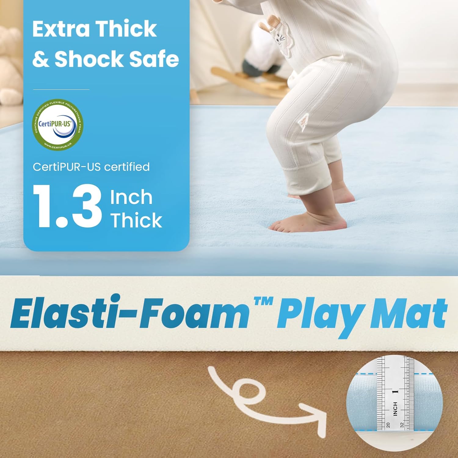 Baby Play Mat for Kids Room,Extra Thick Elasti-Foam Anti-Fall Cushion Mat for Babies,Toddlers,Infants,Water-Repellent&Non-Slip Bedroom Bedside Rugs(Ice Blue)