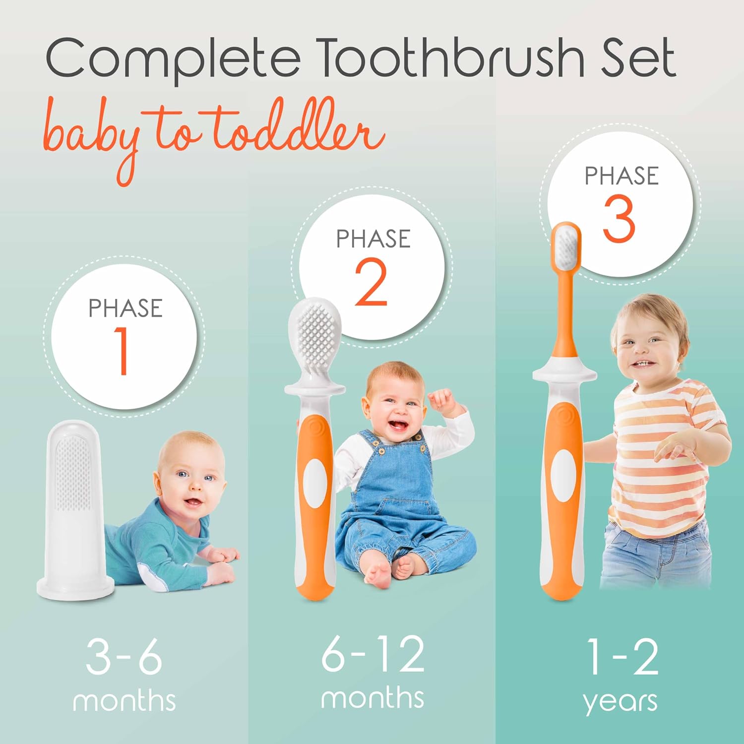 Cherish Baby Care Baby Toothbrush & Toddler Toothbrush Set (0-2 Years) - BPA-Free & Safety-Tested, 2023 Award Winner, Food-Grade Silicone (Orange)