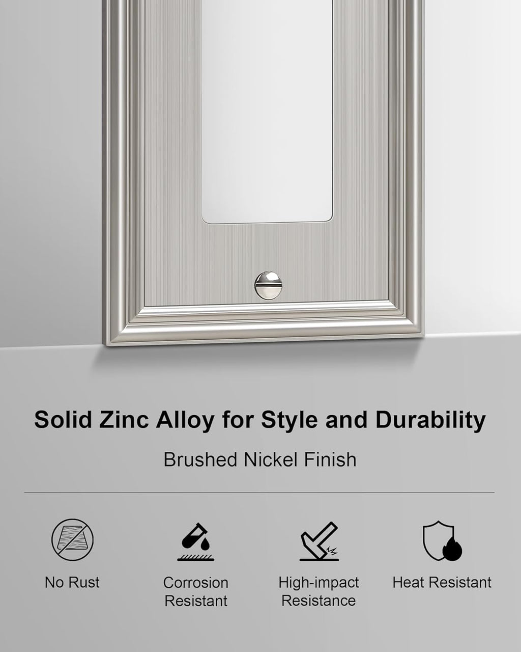 6-Pack Decorator Outlet Cover Plate, Brushed Nickel Decorative Switch Plates and Outlet Covers, Durable Zinc Alloy Wall Plates for Electrical Outlets, Receptacle, GFCI Outlet, Dimmer Switch