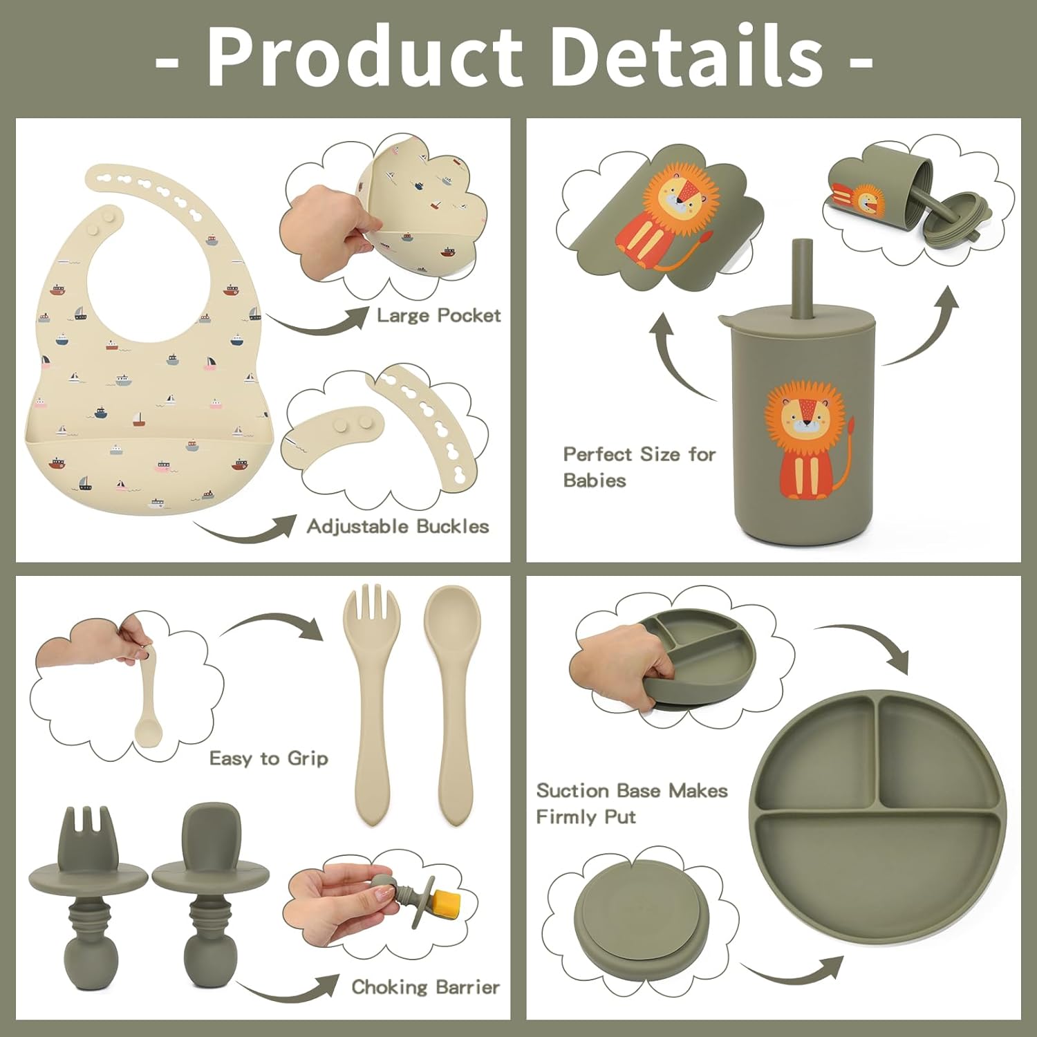 Silicone Baby Feeding Set, Baby Led Weaning Supplies, Baby Spoons Suction Divided Plate Bib Cup, First Stage Solid Food Eating Utensils - 6+ Months(Green-Beige)