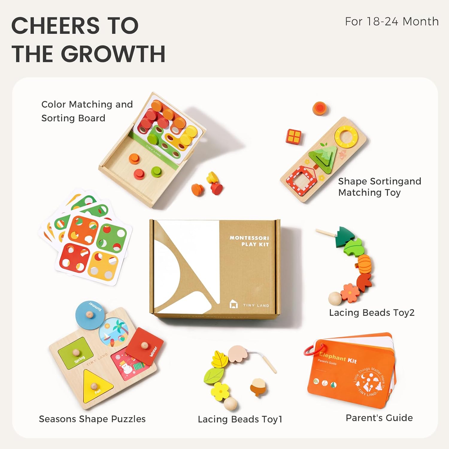 Tiny Land Montessori Toy Set for Babies 18-24 Months Investigator Play Kit- 4-in-1 Wooden Learning Toys with Color Sorting, Lacing Beads, Shape Matching, and Seasons Puzzles