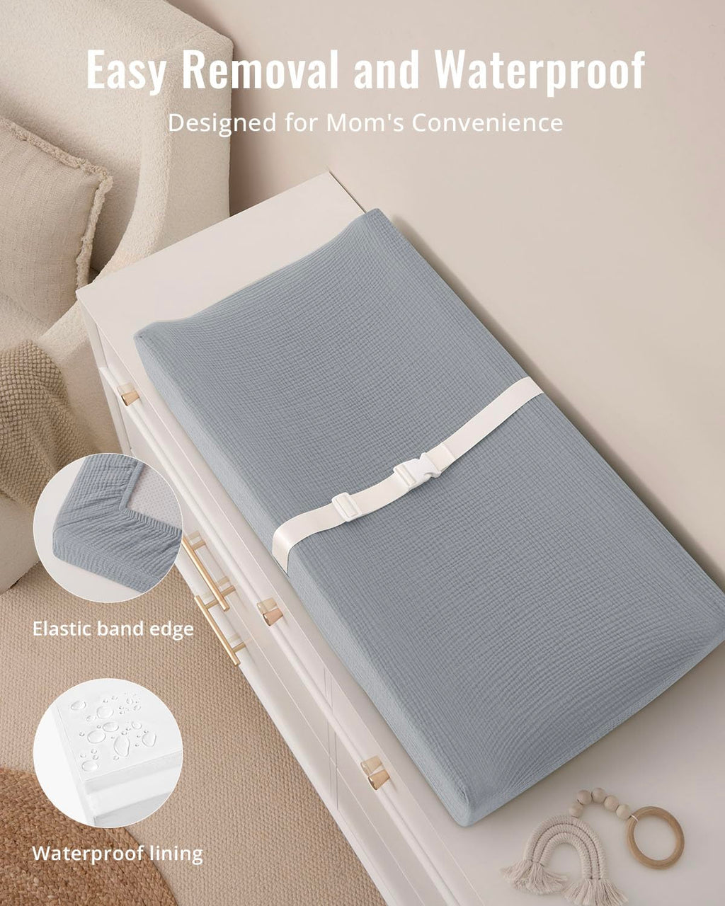 Blissful Diary Muslin Baby Changing Pad with Waterproof Lining Foam, Diaper Changing Table Pad with Cover for Dressers (Gray, Rectangular)