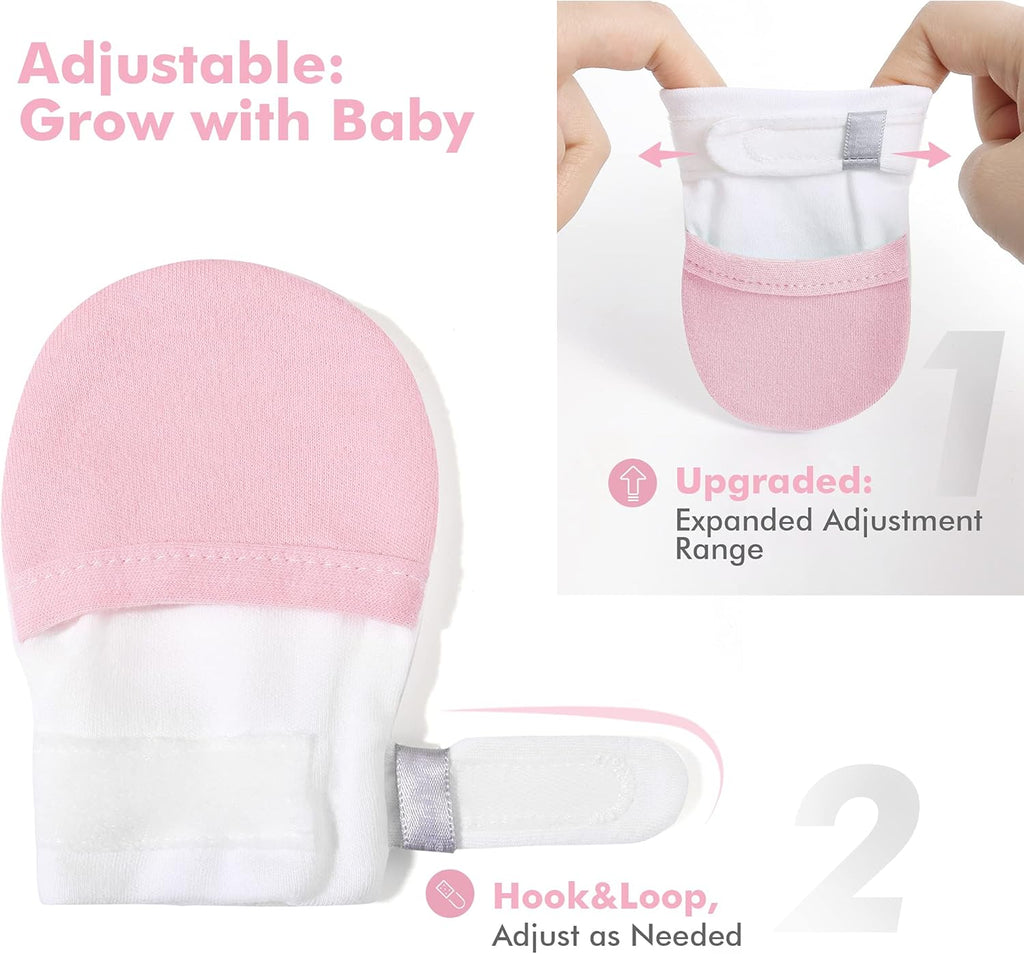 HAPIU Baby No Scratch Mittens Stay On, 100% Cotton Breathable, Adjustable Infant Gloves for Boys Girls, Newborn - 12 M
