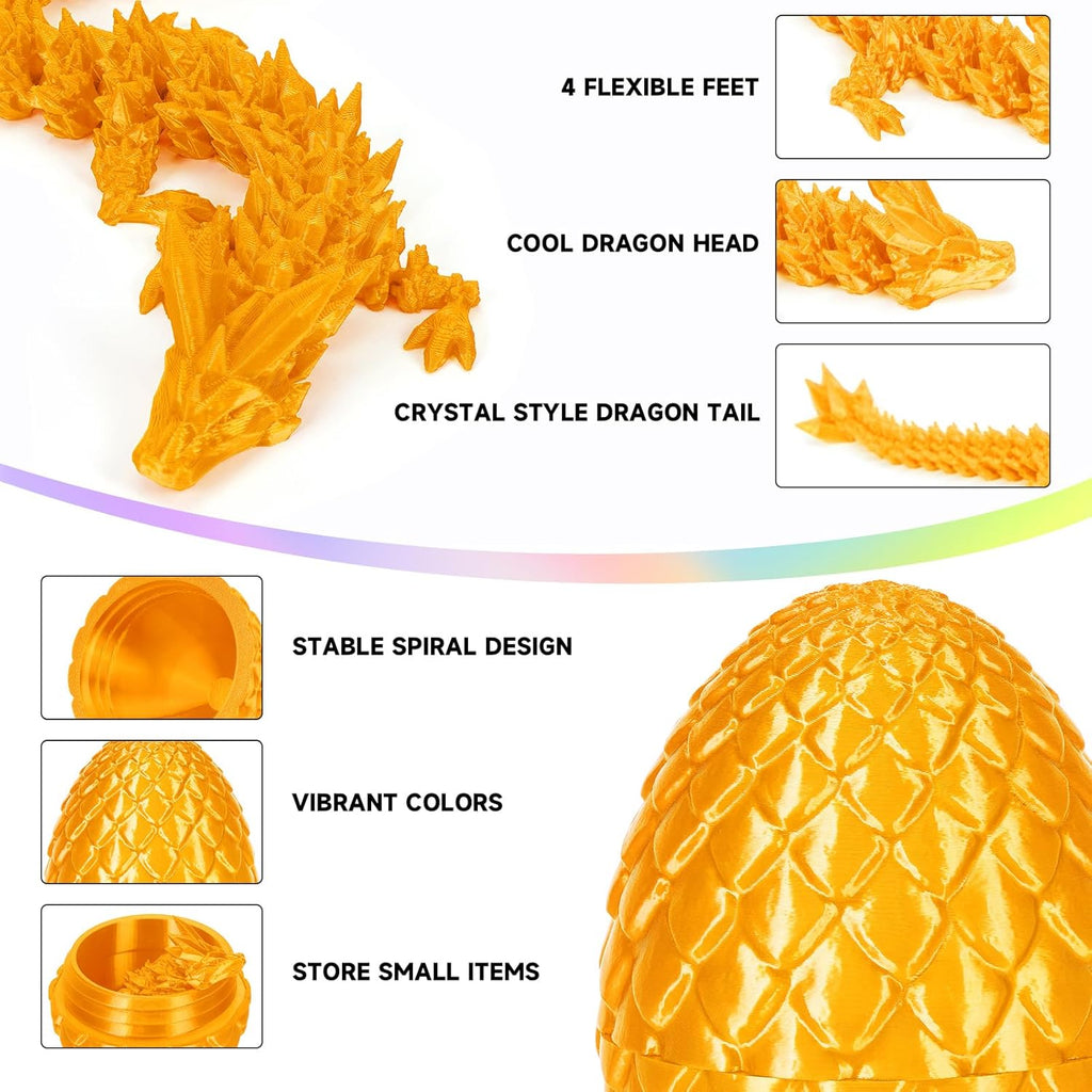 3D Printed Dragon Egg,Dragon Eggs with Dragon Inside,Crystal Dragon Fidget Toys,Full Articulated Dragon Dragon in Egg,Adults Fidget Toys for Autism ADHD (Gold)