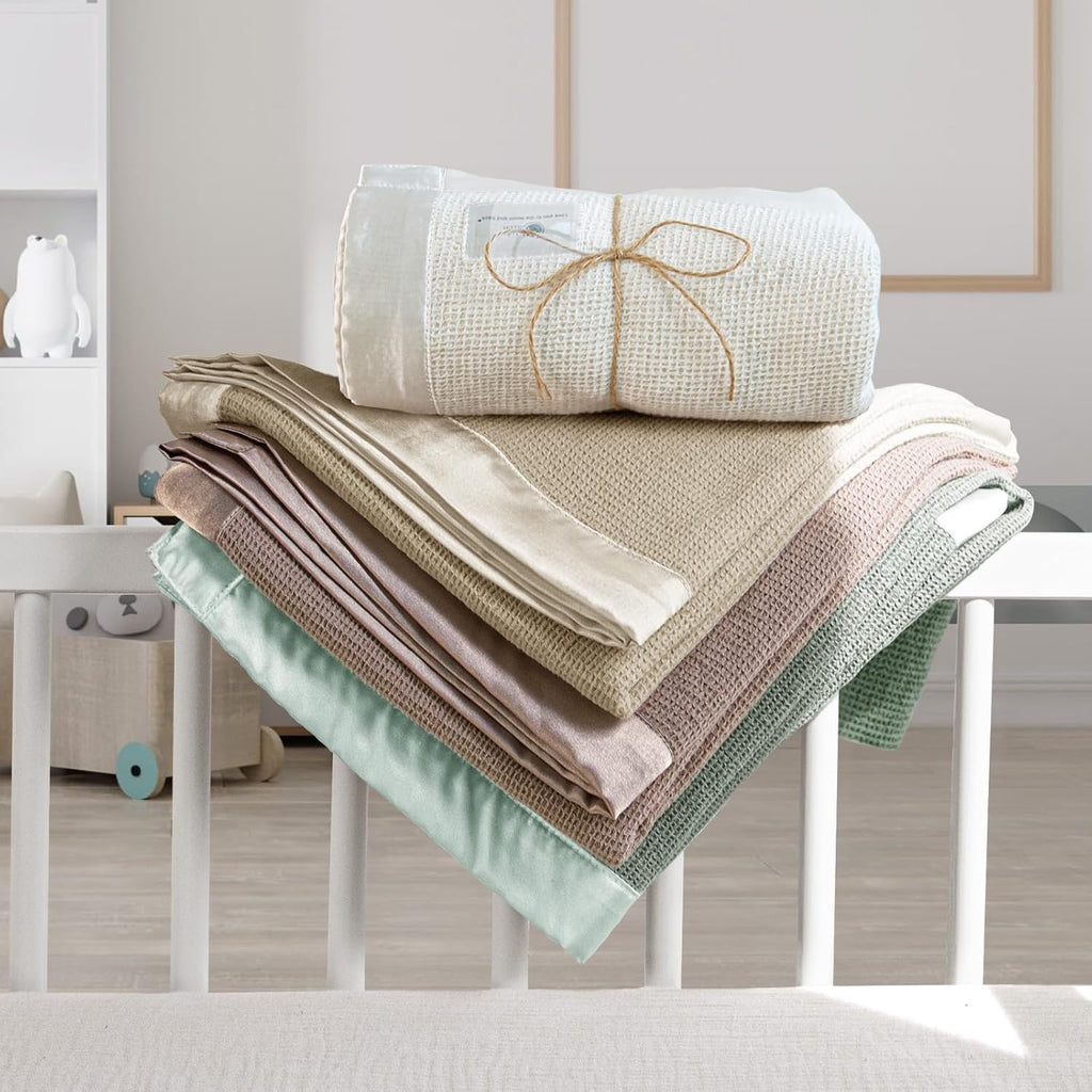 lulumoon Swaddle Baby Blanket: Waffle Blanket with Satin Trim - Breathable Toddler Blankets Perfect for Nursing Cover and Playtime - Cotton Crib Quilt for Daytime Naps 40"x36"(Dusty Rose)