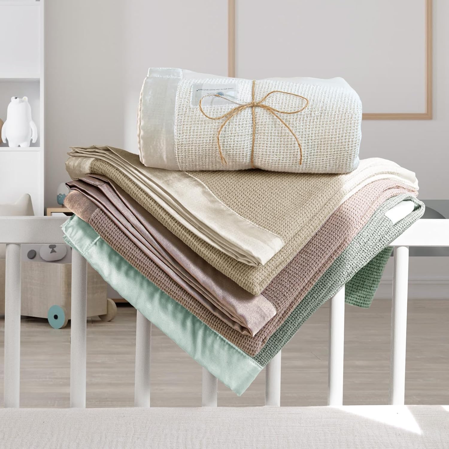 lulumoon Swaddle Baby Blanket: Waffle Blanket with Satin Trim - Soft Breathable Toddler Blankets Perfect for Nursing Cover and Playtime - Cotton Crib Quilt for Daytime Naps 40"x36"(Oat)