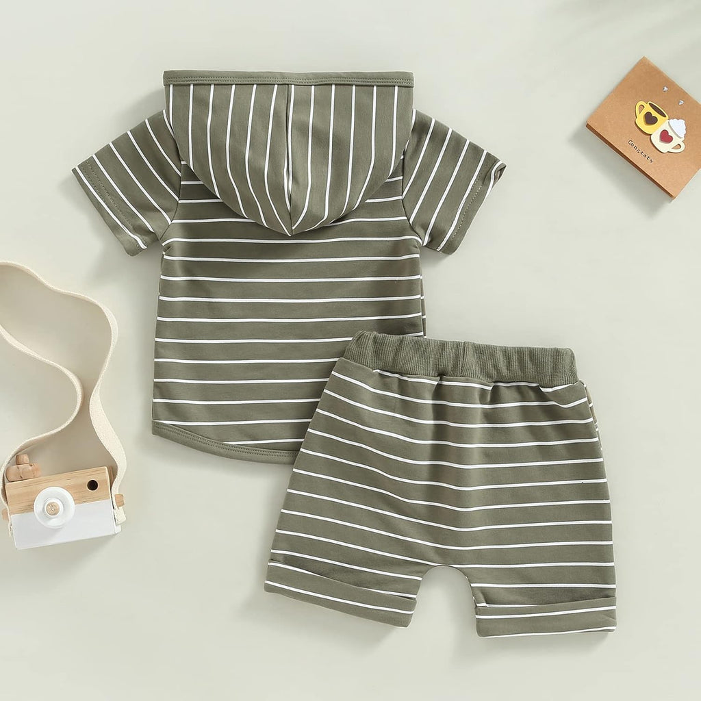 Toddler Baby Boy Summer Hooded Outfit Contrast Color Short Sleeve T Shirt Top Elastic Shorts Summer Clothes Set