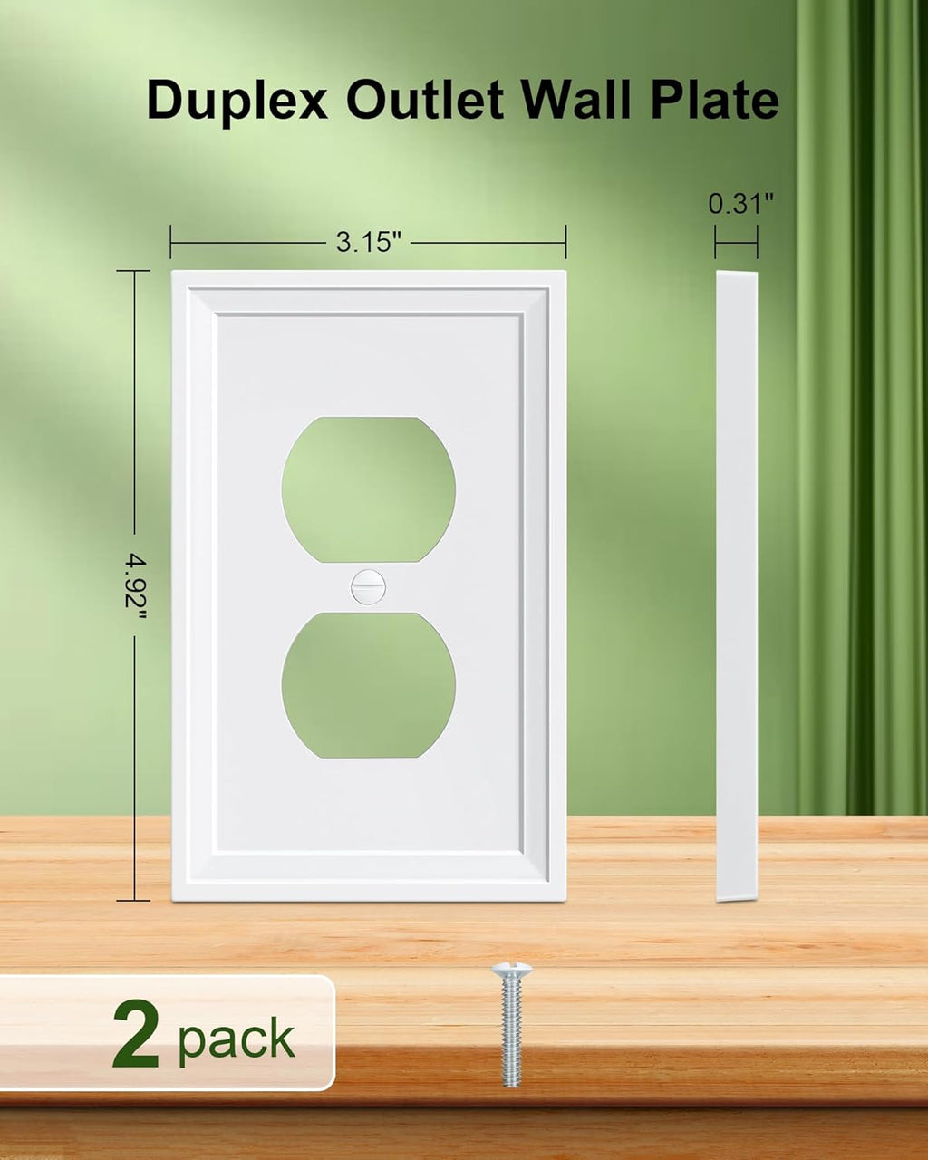 2-Pack Duplex Outlet Cover, Natural Bamboo Fiber Switch Plates and Outlet Covers, White Decorative Wall Plates for Electrical Outlets, 1 Gang Receptacle Cover, Corrosion Resistant