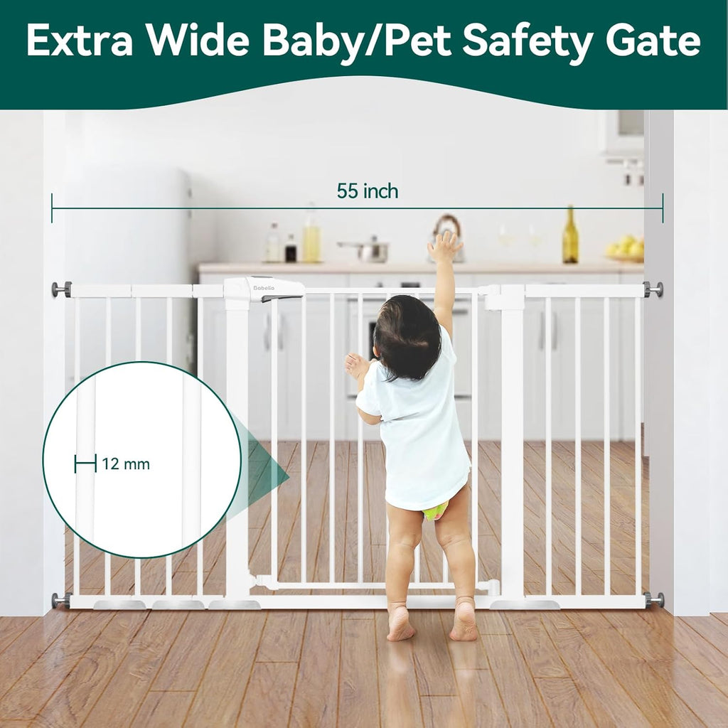 BABELIO 29-55 Inch Extra Wide Baby/Dog Gate, Metal Auto Close, Pressure Mounted Pet Door for Doorways, NO Need Tools and Drilling, with Wall Cups, White