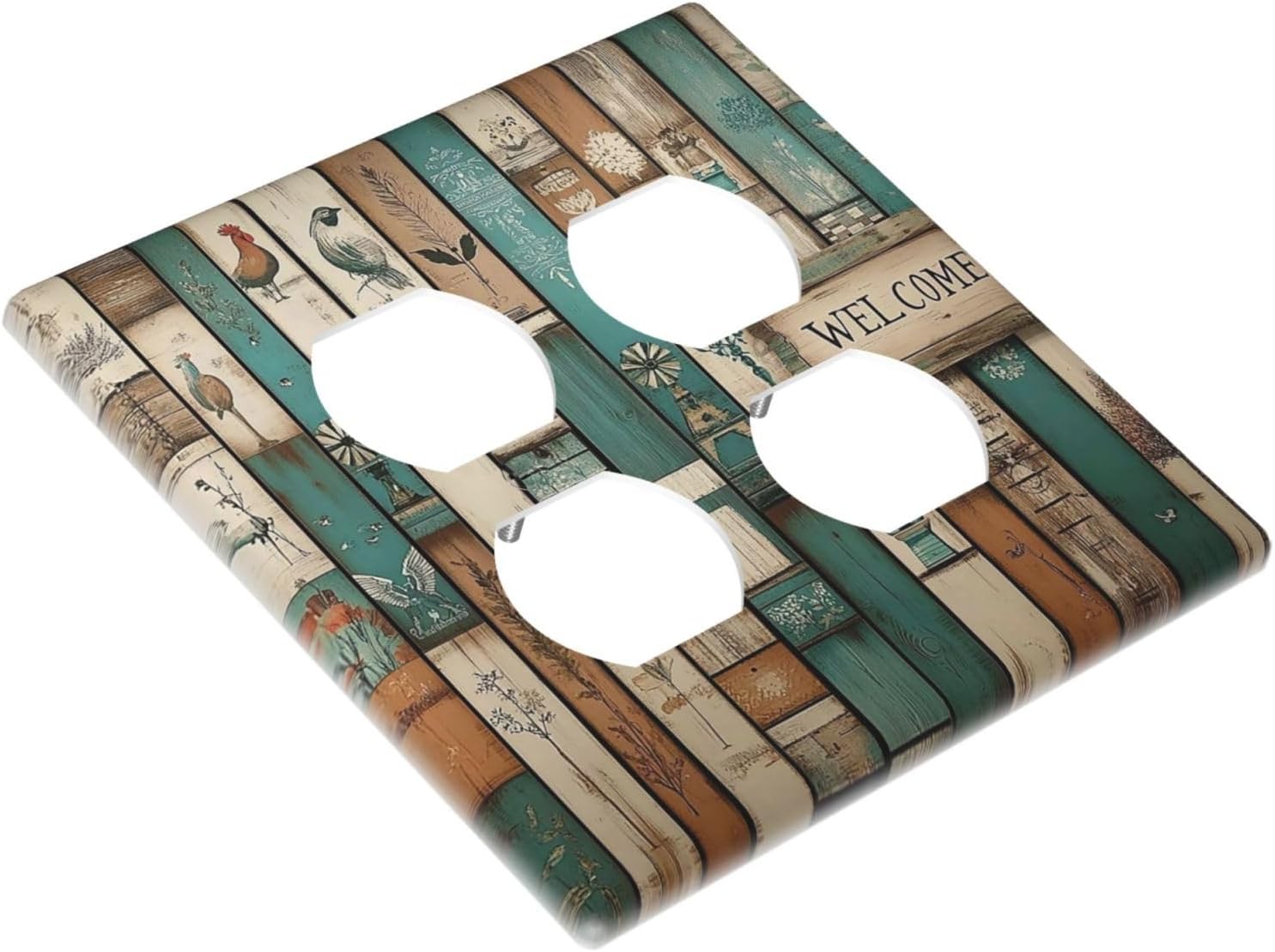 Outlet Covers Vintage Wood Brown Turquoise Splicing 2 Gang Double Duplex Decorative Light Switch Covers Electrical Wallplates Socket Faceplate For Farmhouse Cabin Decor