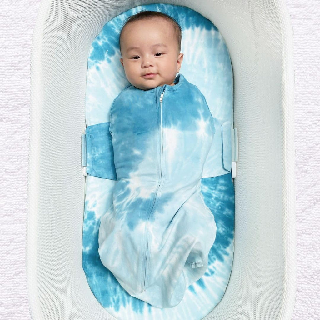 Happiest Baby SNOO Sleep Sack - 100% Organic Cotton Baby Swaddle Blanket - Doctor Designed Promotes Healthy Hip Development (Tie Dye Blue, Medium)