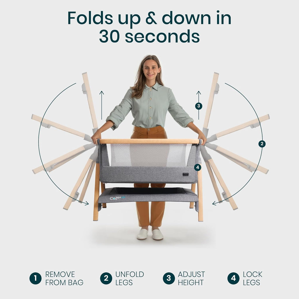 CoZee® Air Baby Bassinet & Bedside Sleeper - Rocking Bassinet for Baby, Fast-Folding with Travel Bag, Deluxe Airflow Mattress & 6 Mattress Heights, 0-6 Months (Oak & Charcoal)