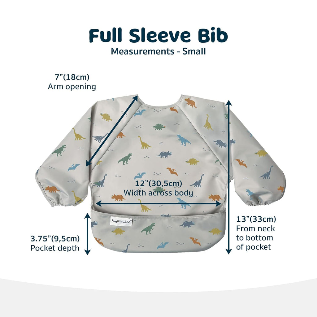 Tiny Twinkle Mess Proof Baby Bib,Waterproof Smock Baby Bib for Eating,Machine Washable Long Sleeve Bib,Baby Led Weaning,Toddler Bib,BLW Supplies(Dinosaur, Small 6-24 Months)