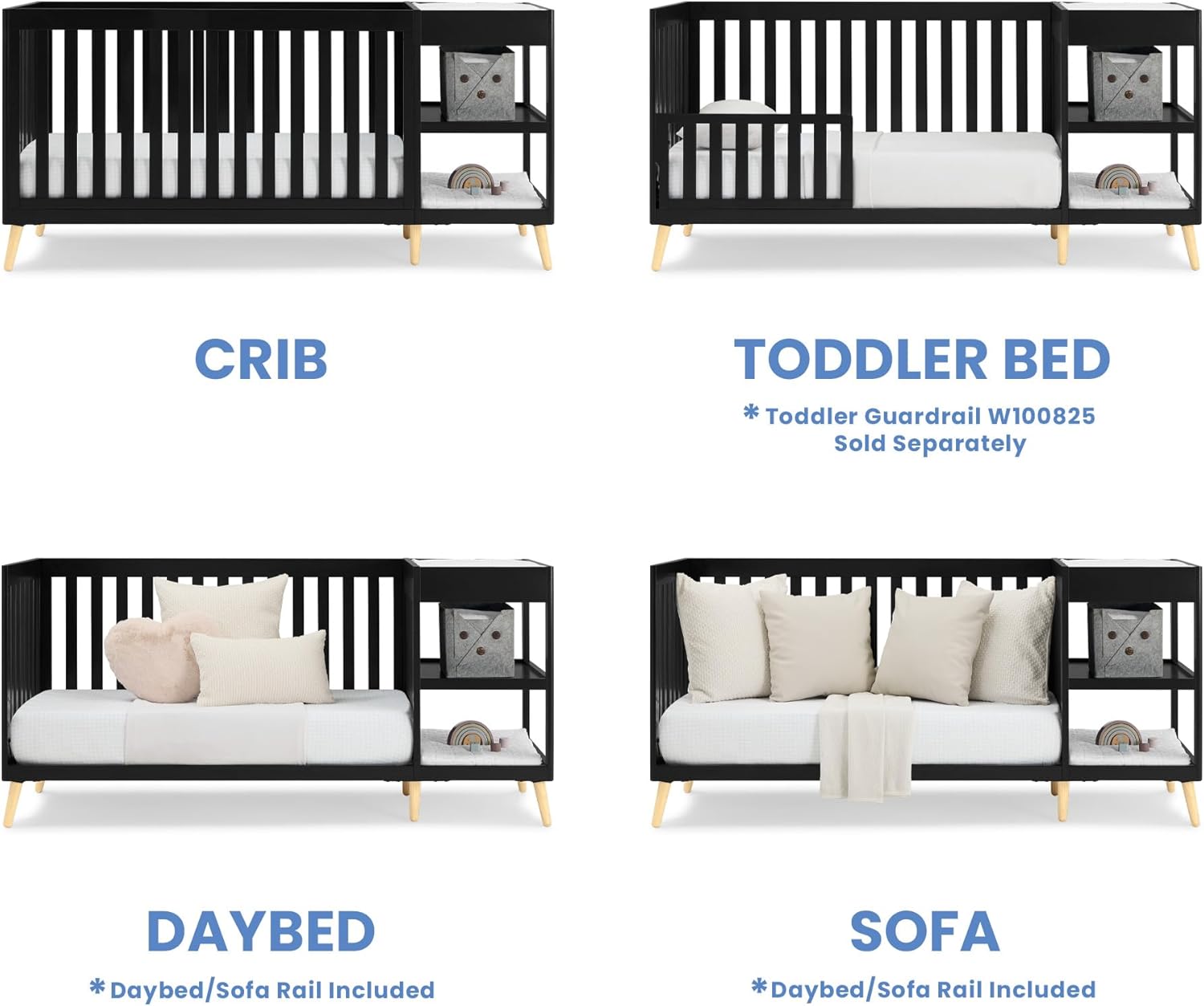 Delta Children Essex 4-in-1 Convertible Crib and Changer, Black Ebony w/Natural Knobs