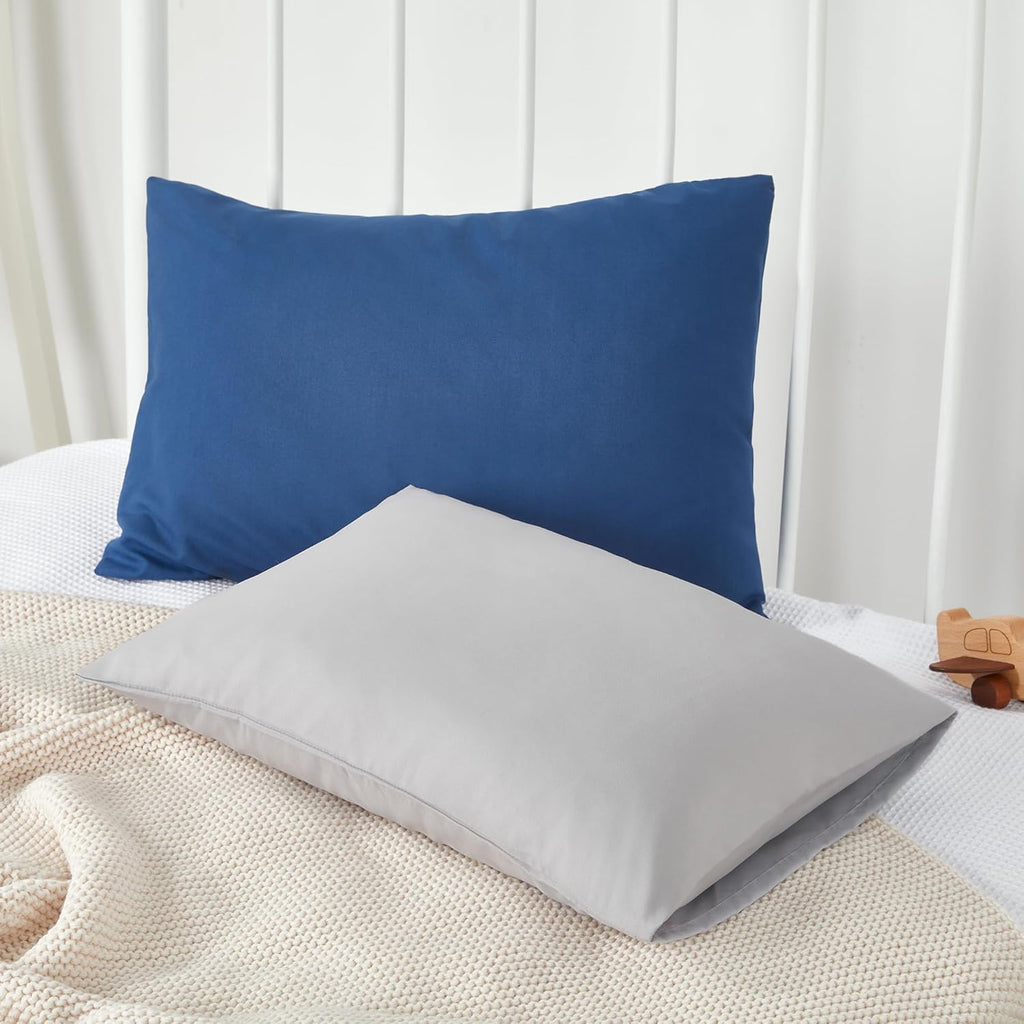 TILLYOU Toddler Pillowcase 2 Pack with Envelope Closure,13" x 18" Silky Soft Microfiber Travel Kids Pillowcase for Boys and Girls,Gray & Navy