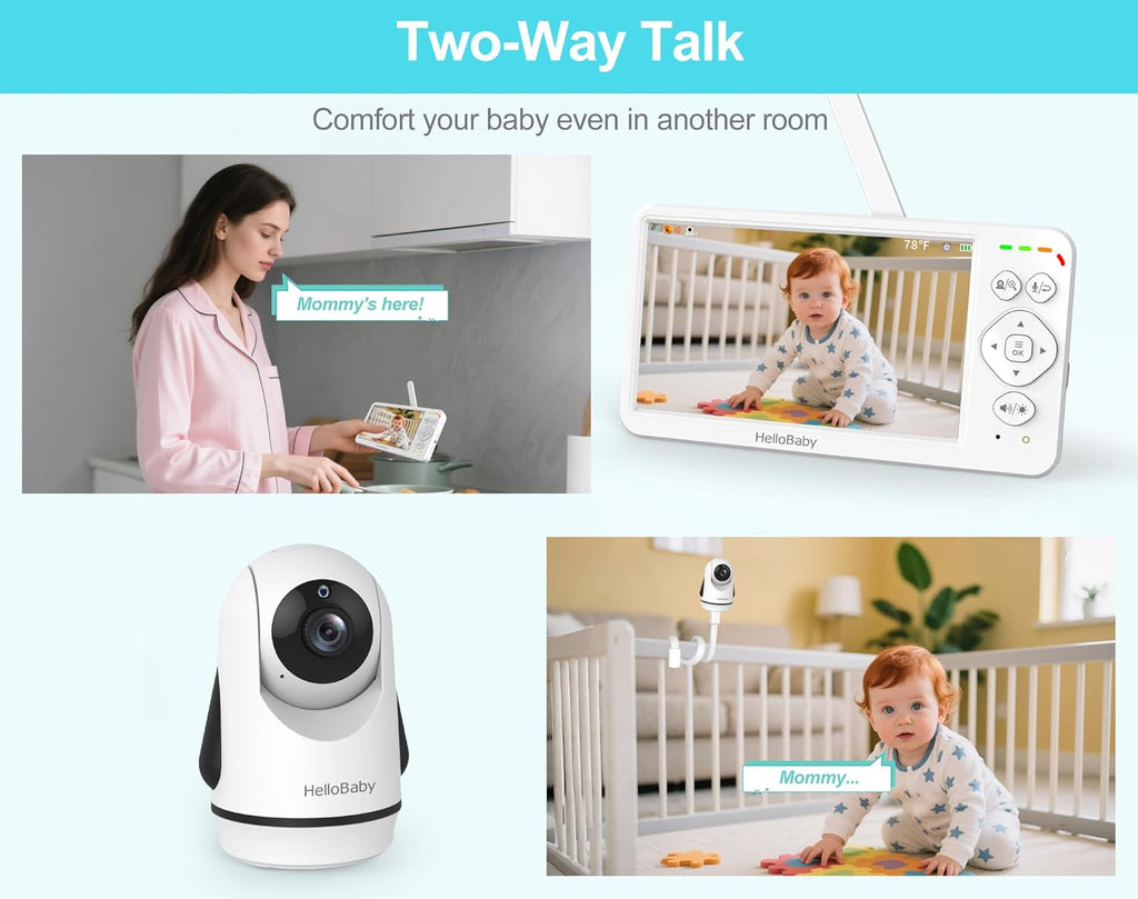 HelloBaby Baby Monitor with Camera and Audio, Large 6'' Video Baby Monitor No WiFi,30-Hour Long Battery, 320° Pan-Tilt Camera with 2X Zoom, Night Vision, 2-Way Talk,ECO,1000ft, Portable, 150 Languages