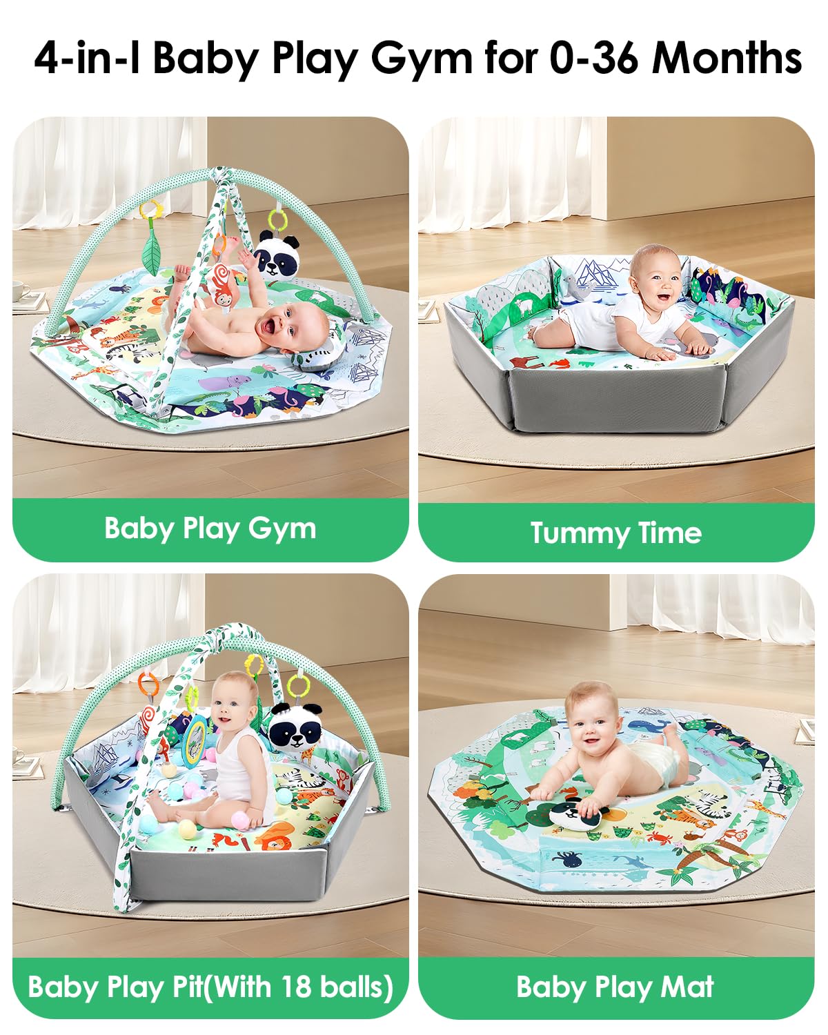 dearlomum 4-in-1 Tummy Time Mat,Baby Activity Play Mat,Newborn Play Baby Mats for Floor with 6 Infant Learning Sensory Baby Toys, Toddler Motor Skill Development,Babies Ball Pit with 18 Ocean Balls